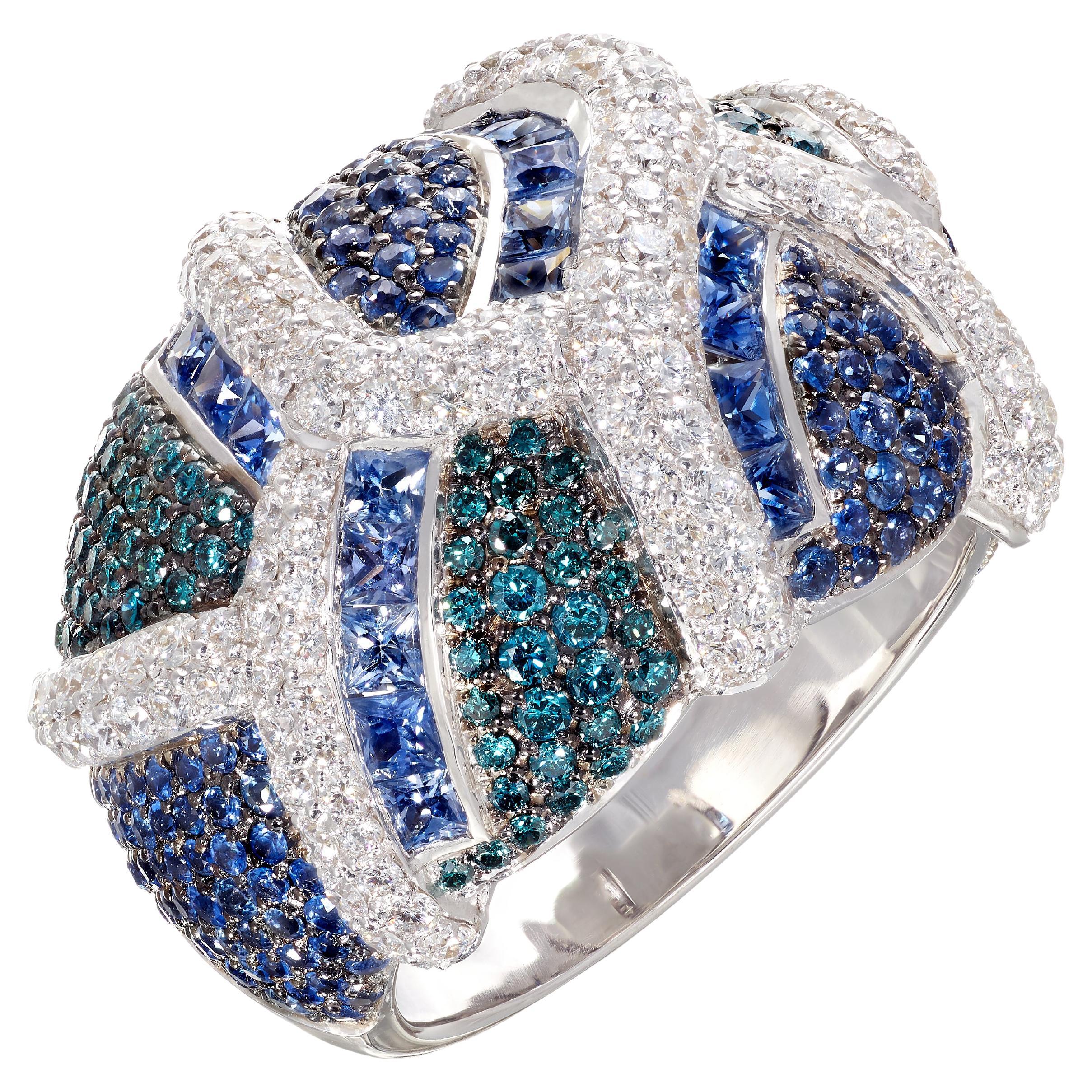 Rosior Princess and Round Cut Diamond and Sapphire Cocktail Ring in White Gold