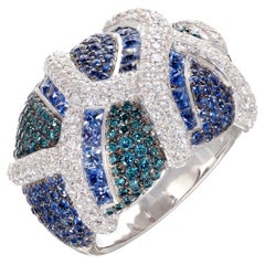 Rosior Princess and Round Cut Diamond and Sapphire Cocktail Ring in White Gold