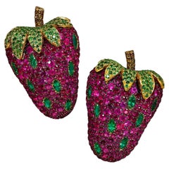 Rosior Ruby, Emerald and Diamond "Strawberry" Drop Earrings Set in Yellow Gold
