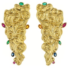 Rosior Ruby, Sapphire and Emerald Dangle Earrings Hand Chiseled in Yellow Gold Rosior Ruby, Sapphire and Emerald Dangle Earrings Hand Chiseled in Yellow Gold