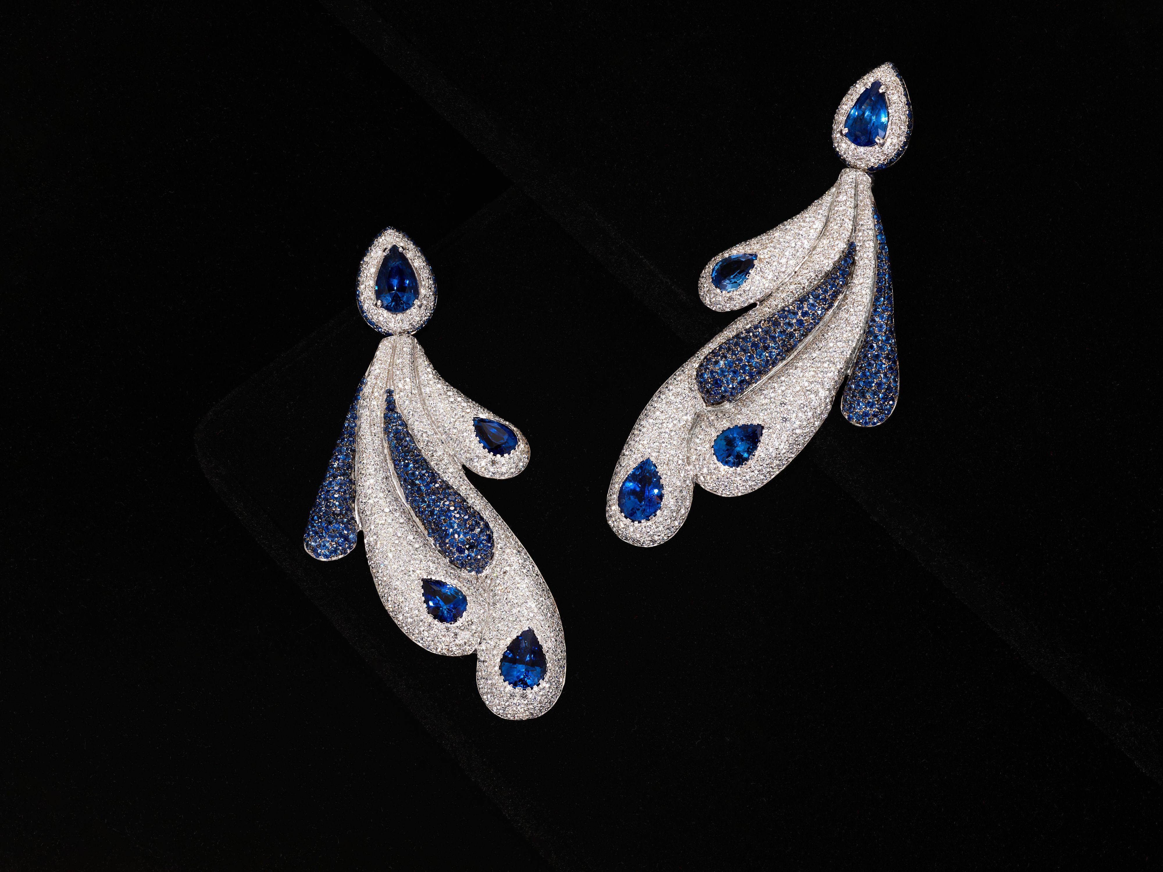 Mixed Cut Rosior Sapphire and Diamond Long Dangle Earrings set in White Gold For Sale