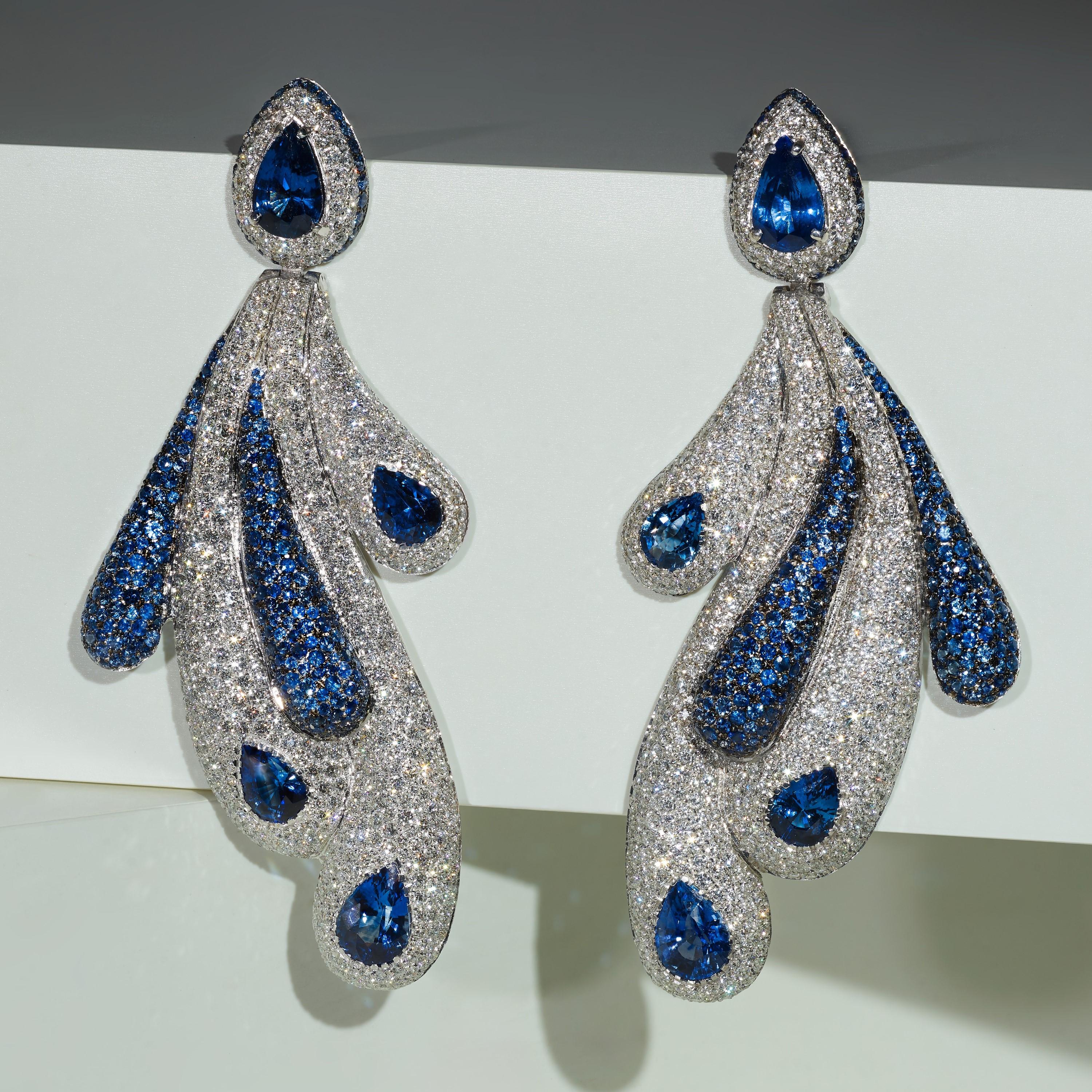 Rosior Sapphire and Diamond Long Dangle Earrings set in White Gold In New Condition For Sale In Porto, PT