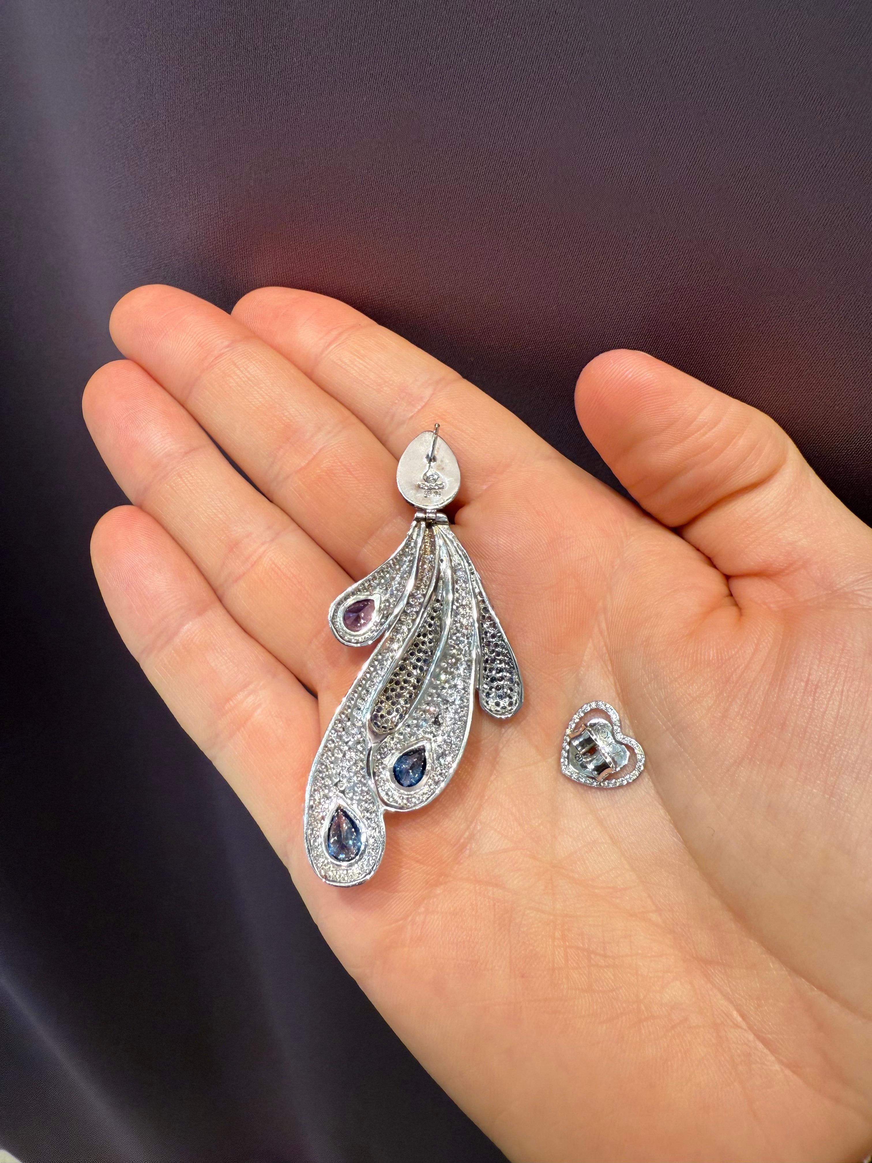 Women's or Men's Rosior Sapphire and Diamond Long Dangle Earrings set in White Gold For Sale