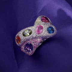 Rosior Sapphire, Diamond, Peridot and Aquamarine Cocktail Ring set in White Gold