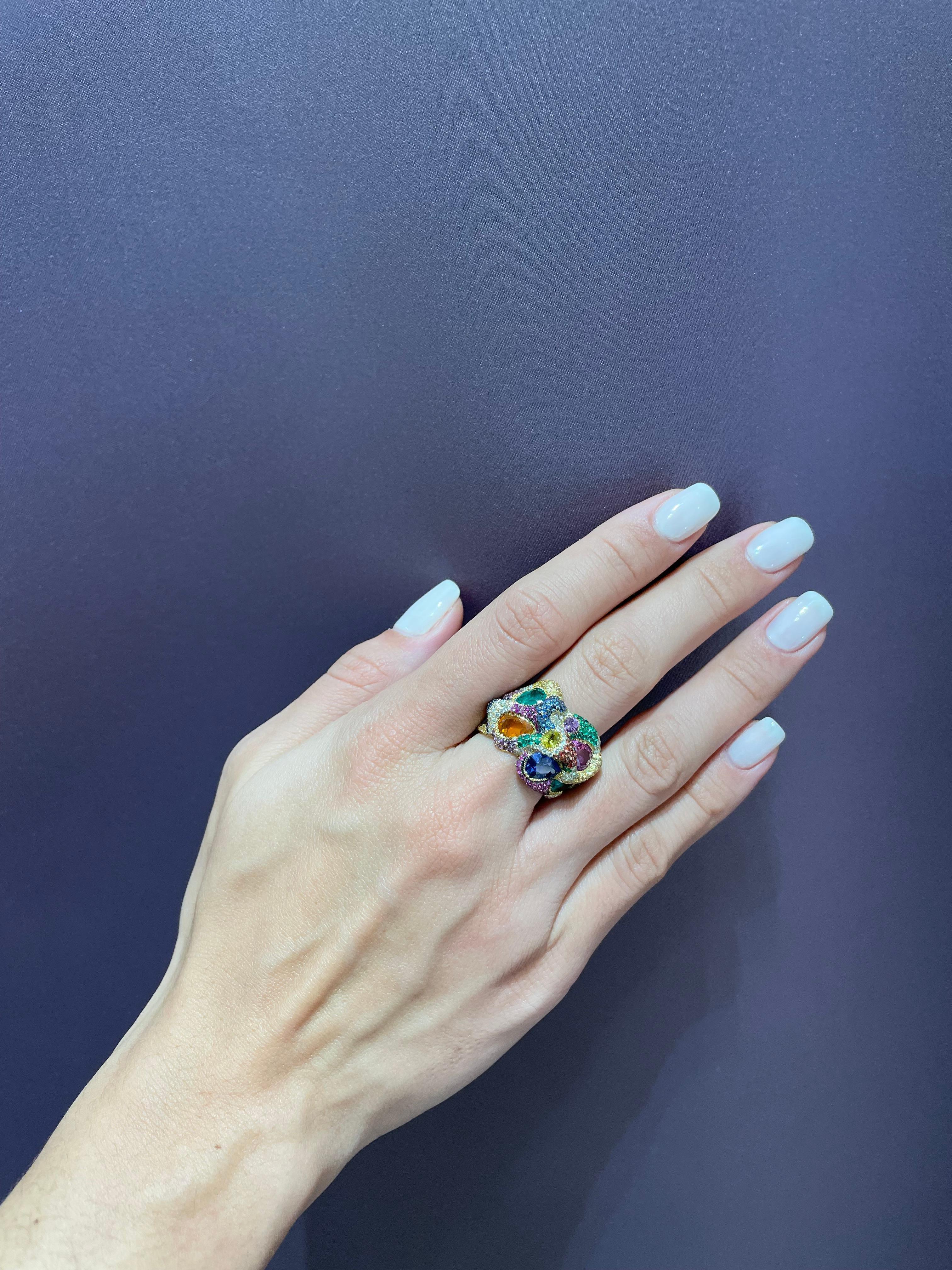 Mixed Cut Rosior Sapphire, Emerald, Opal and Diamond One-off Cocktail Ring in Yellow Gold