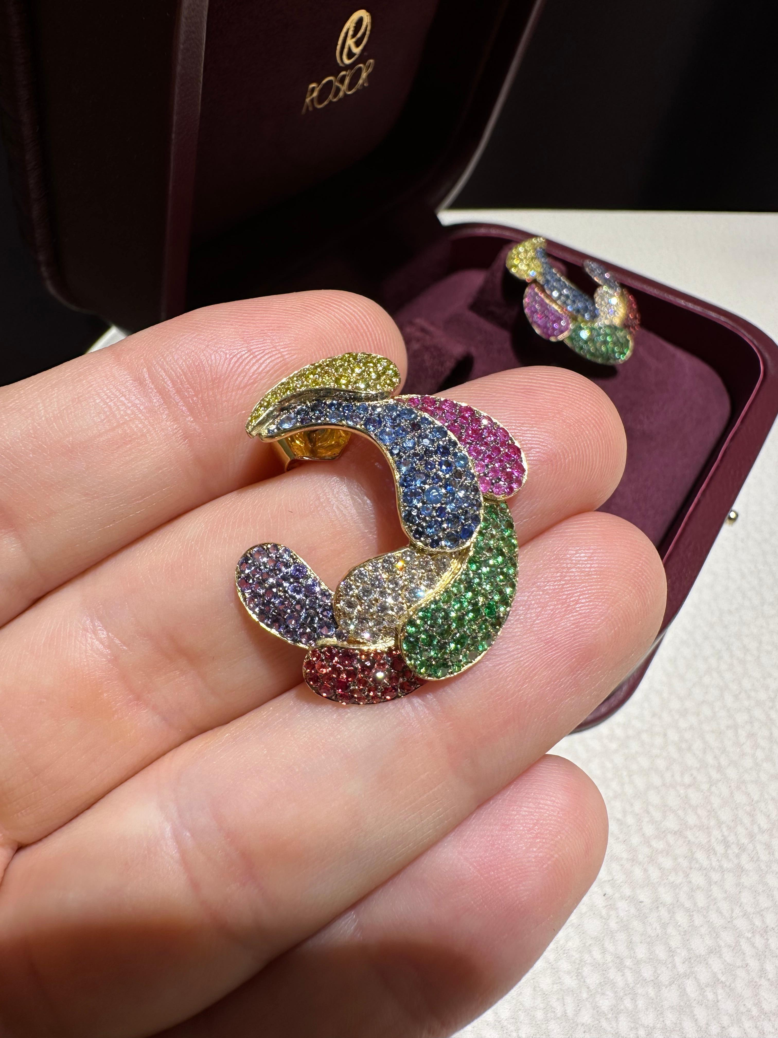 Brilliant Cut Rosior Sapphire, Tsavorite Garnet and Diamond Drop Earrings set in Yellow Gold For Sale