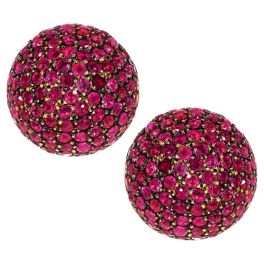 Rosior Stud Earrings Set with Rubies in Yellow Gold 