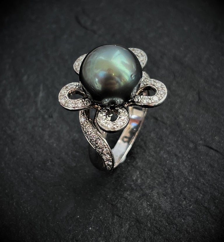 Anillo De Perla Negra Anillo De Compromiso De Diamantes Y Perla