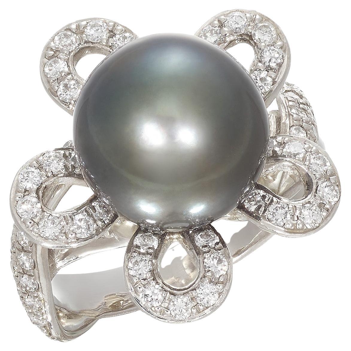 "Tahitian" Black Pearl and Diamond Engagement Ring set in Platinum For Sale