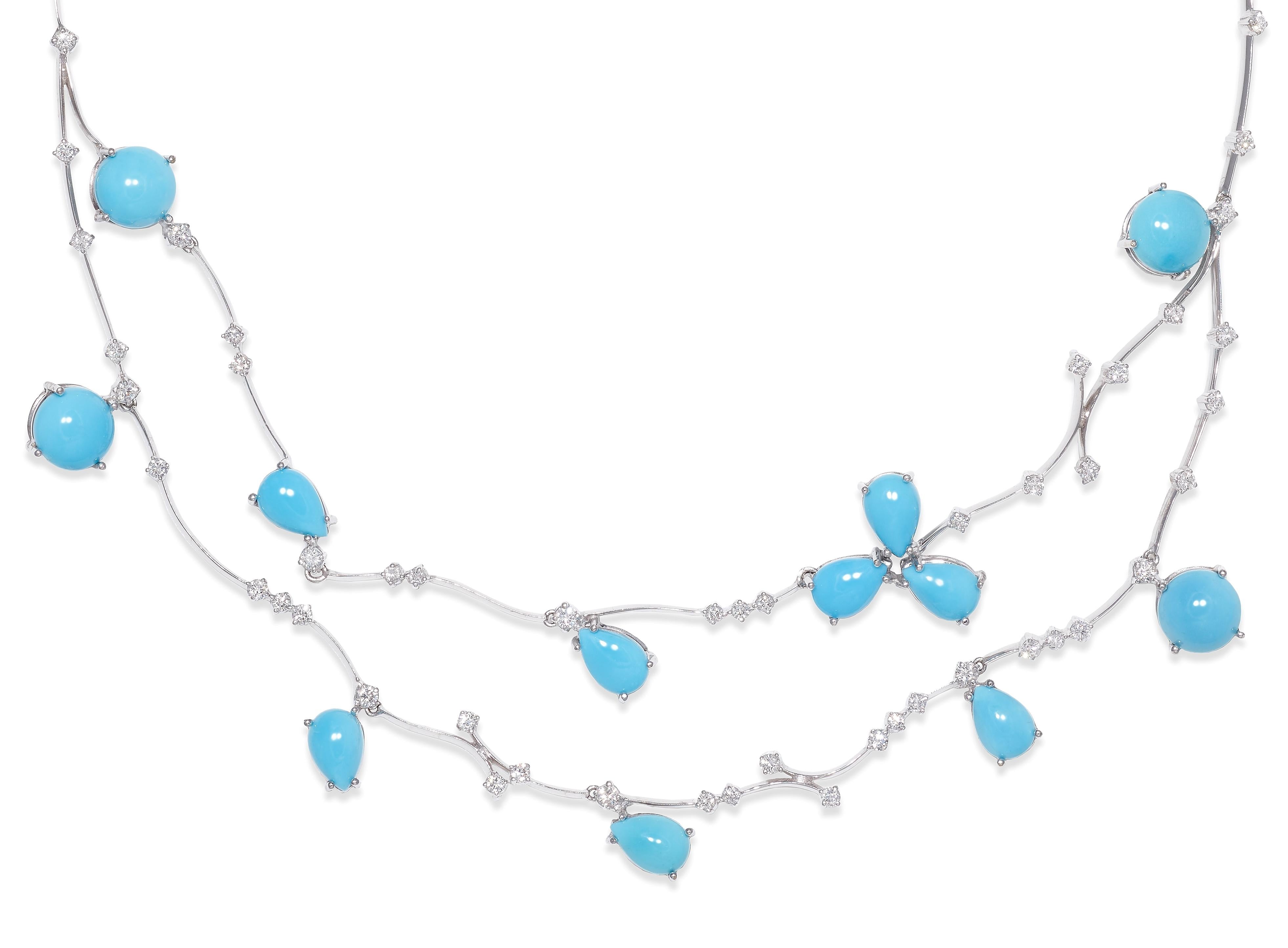 Round Cut Rosior Turquoise and Diamond Contemporary White Gold Necklace