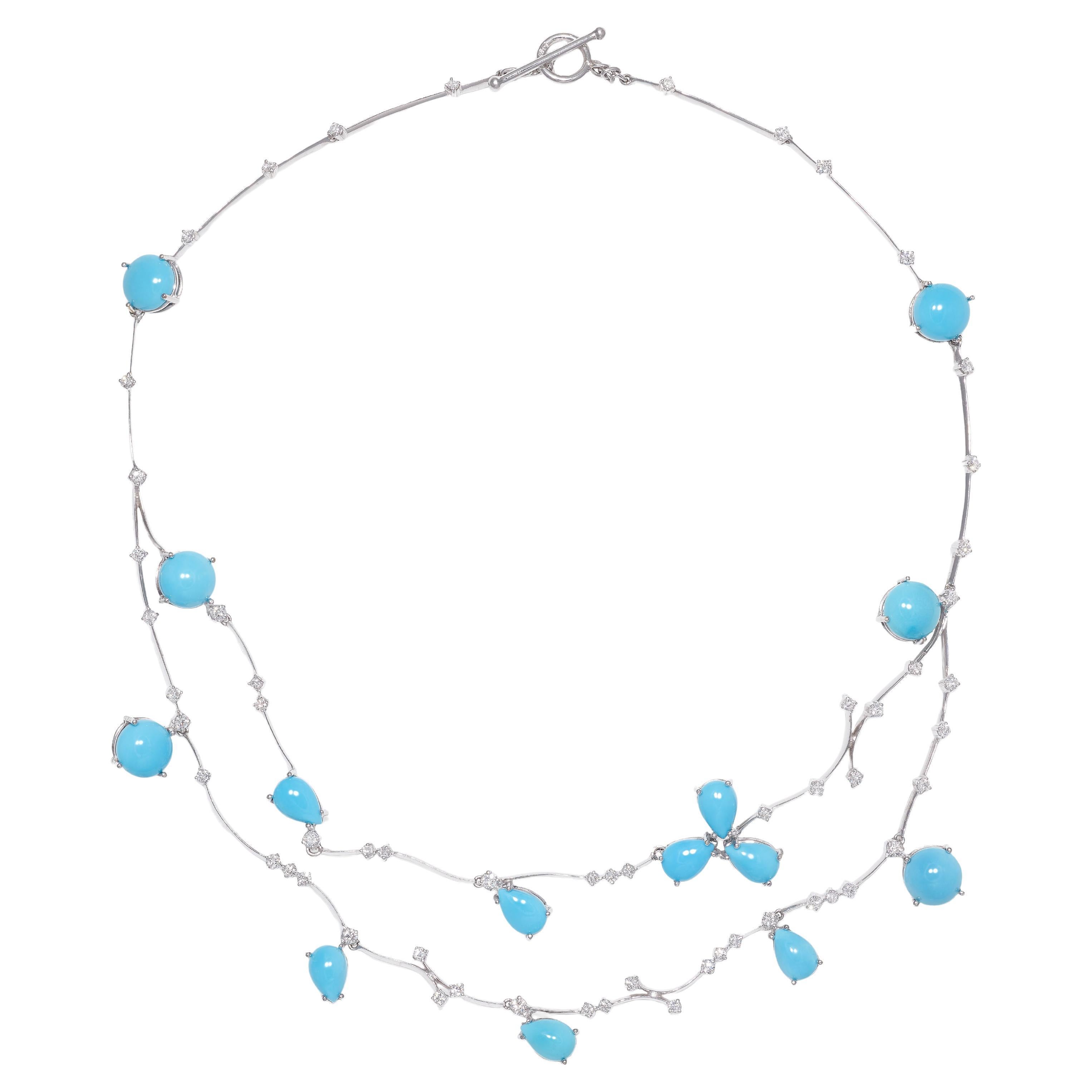 Rosior Turquoise and Diamond Contemporary White Gold Necklace