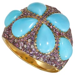 Rosior Turquoise, Sapphire and Diamond Cocktail Ring set in Yellow Gold