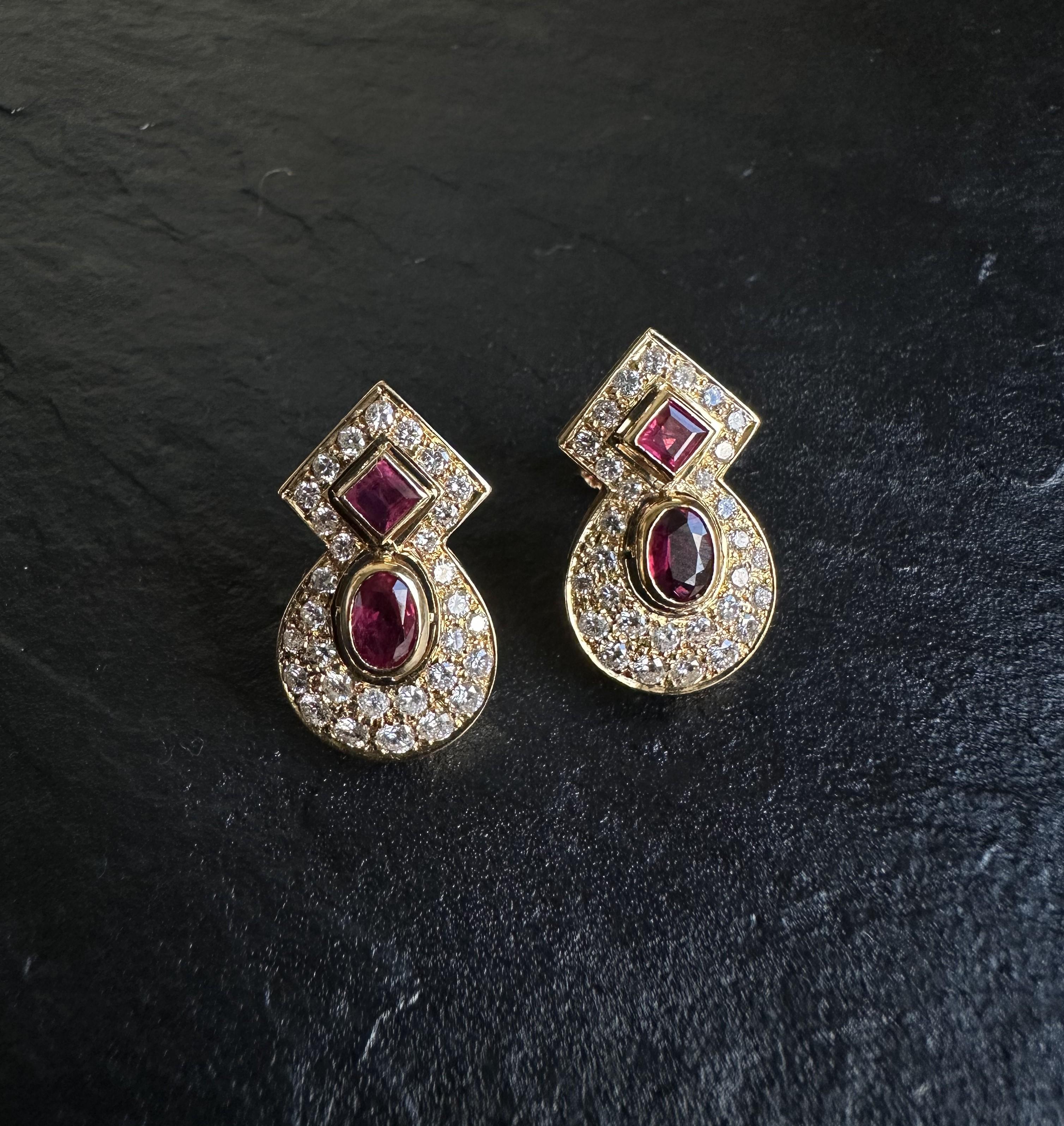 Mixed Cut Vintage Ruby and Diamond Earrings Set in Yellow Gold For Sale