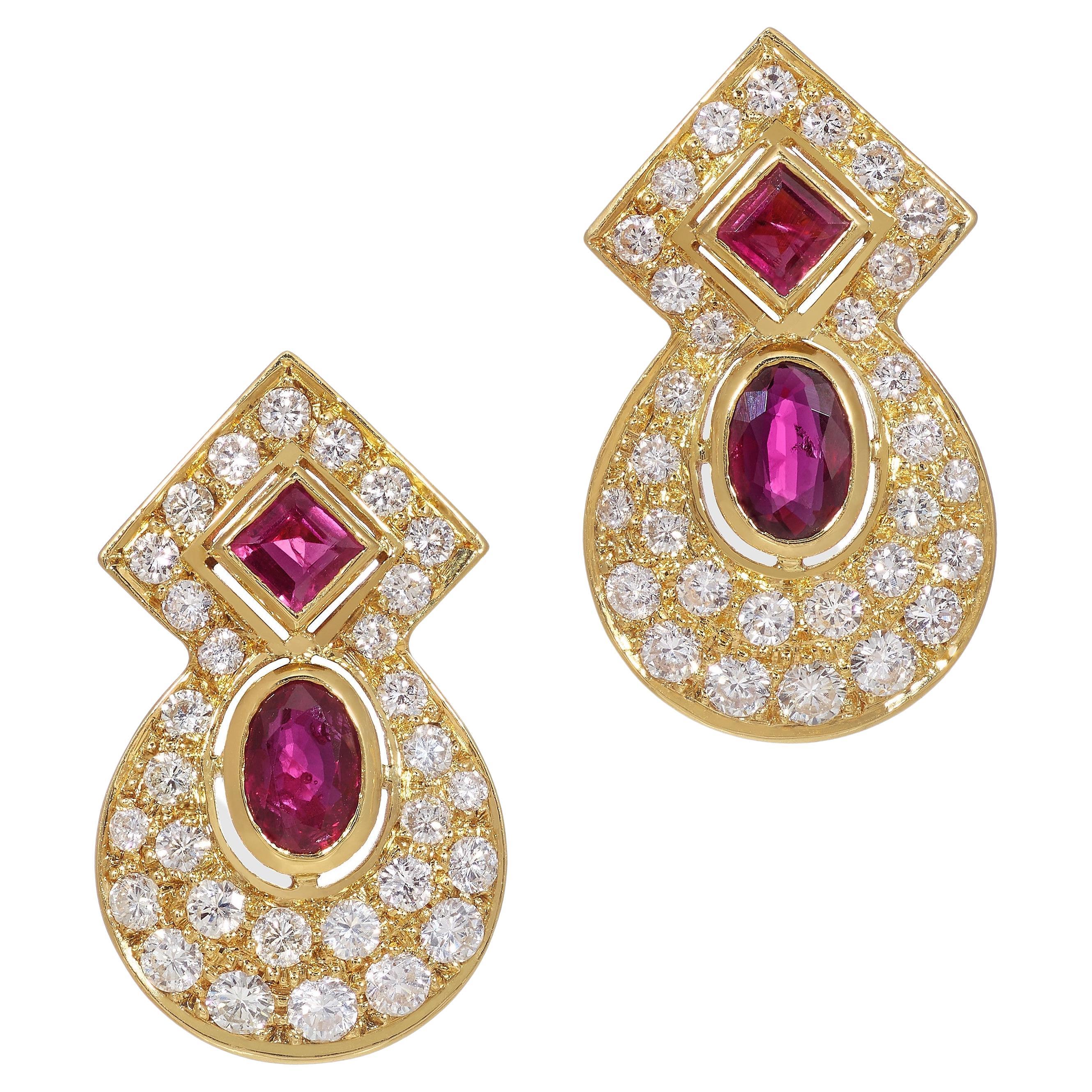 Vintage Ruby and Diamond Earrings Set in Yellow Gold For Sale