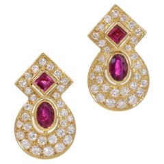 Vintage Ruby and Diamond Earrings Set in Yellow Gold