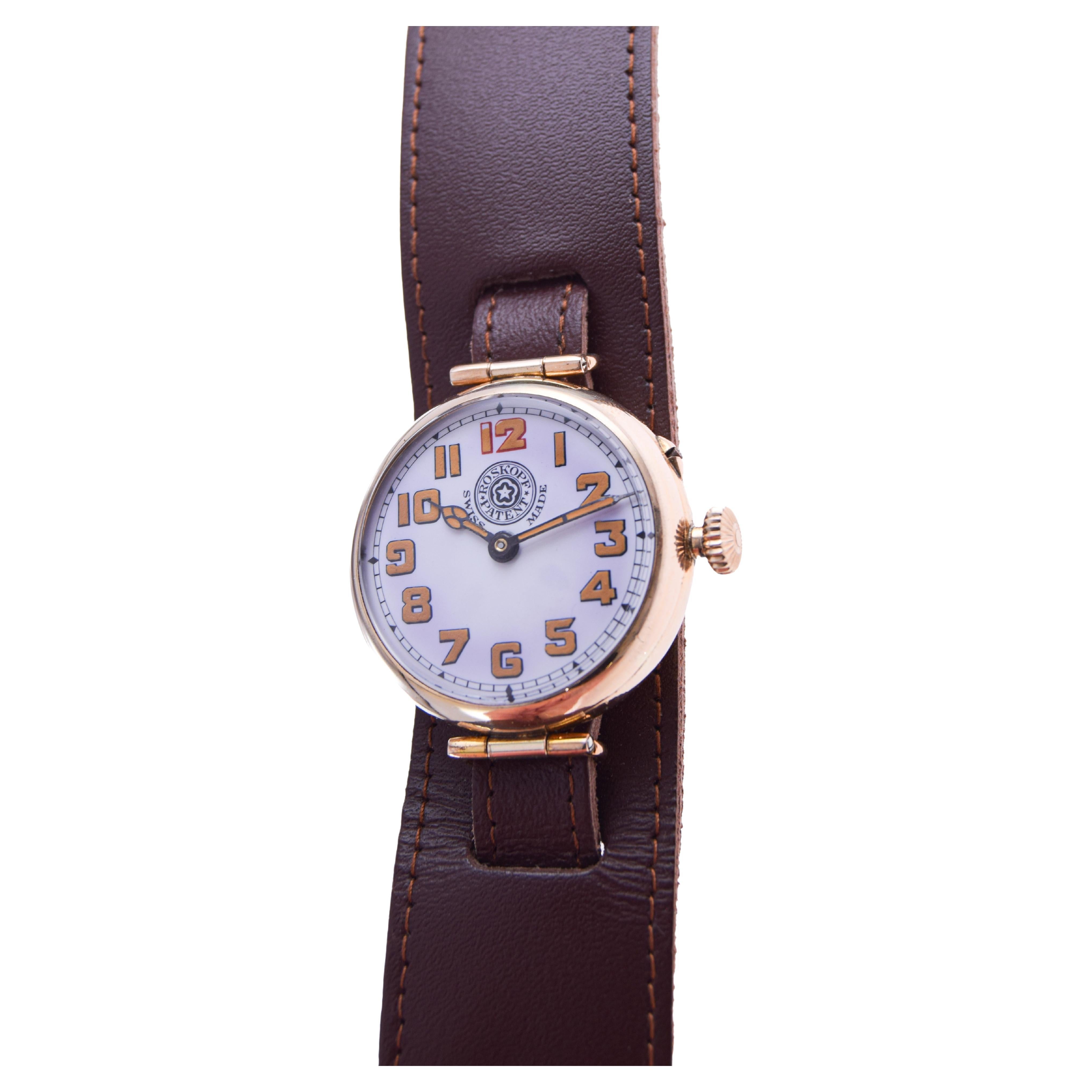 Roskopf Gold-Filled Campaign Style with Original Flawless Enamel Dial Circa 1910 For Sale 3
