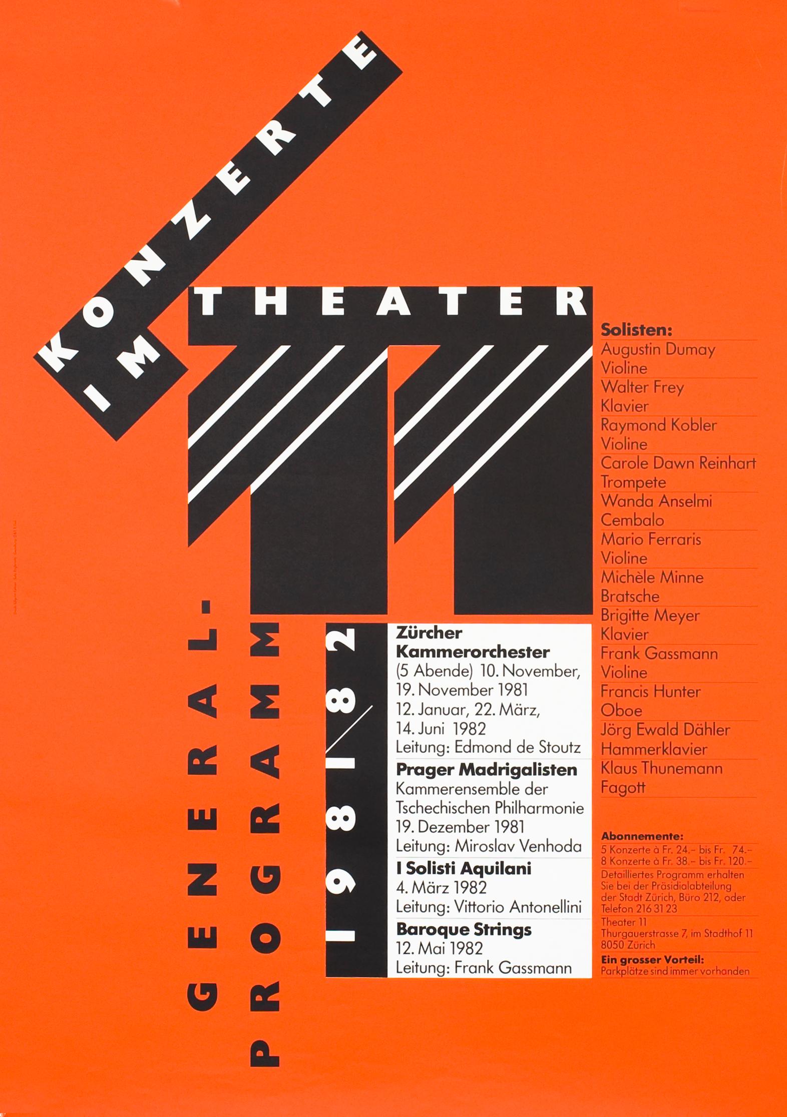 "Konzerte Im Theater 11" Swiss Post Modern Music Concert Original Vintage Poster - Print by Rosmarie Tissi