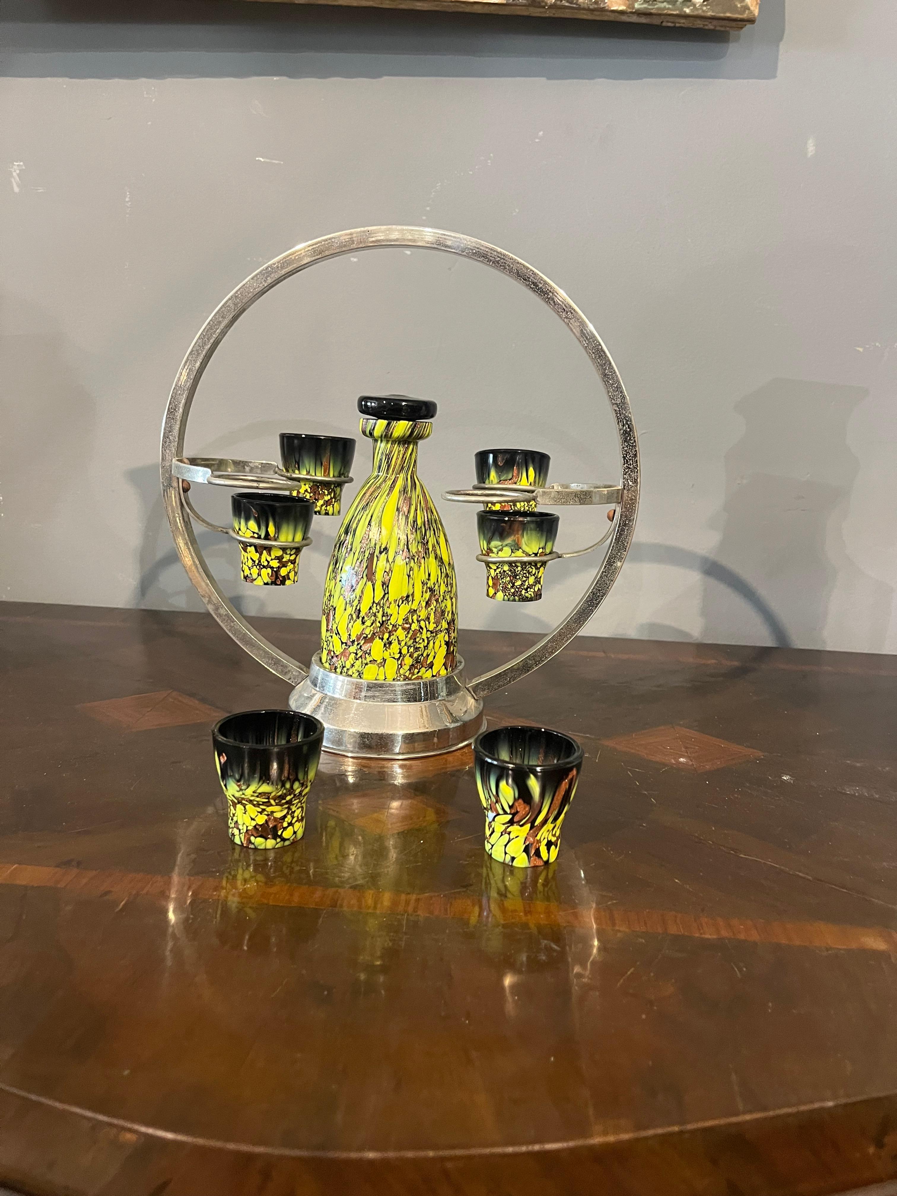 Metal Rosolio set from the 30s in Murano glass paste For Sale