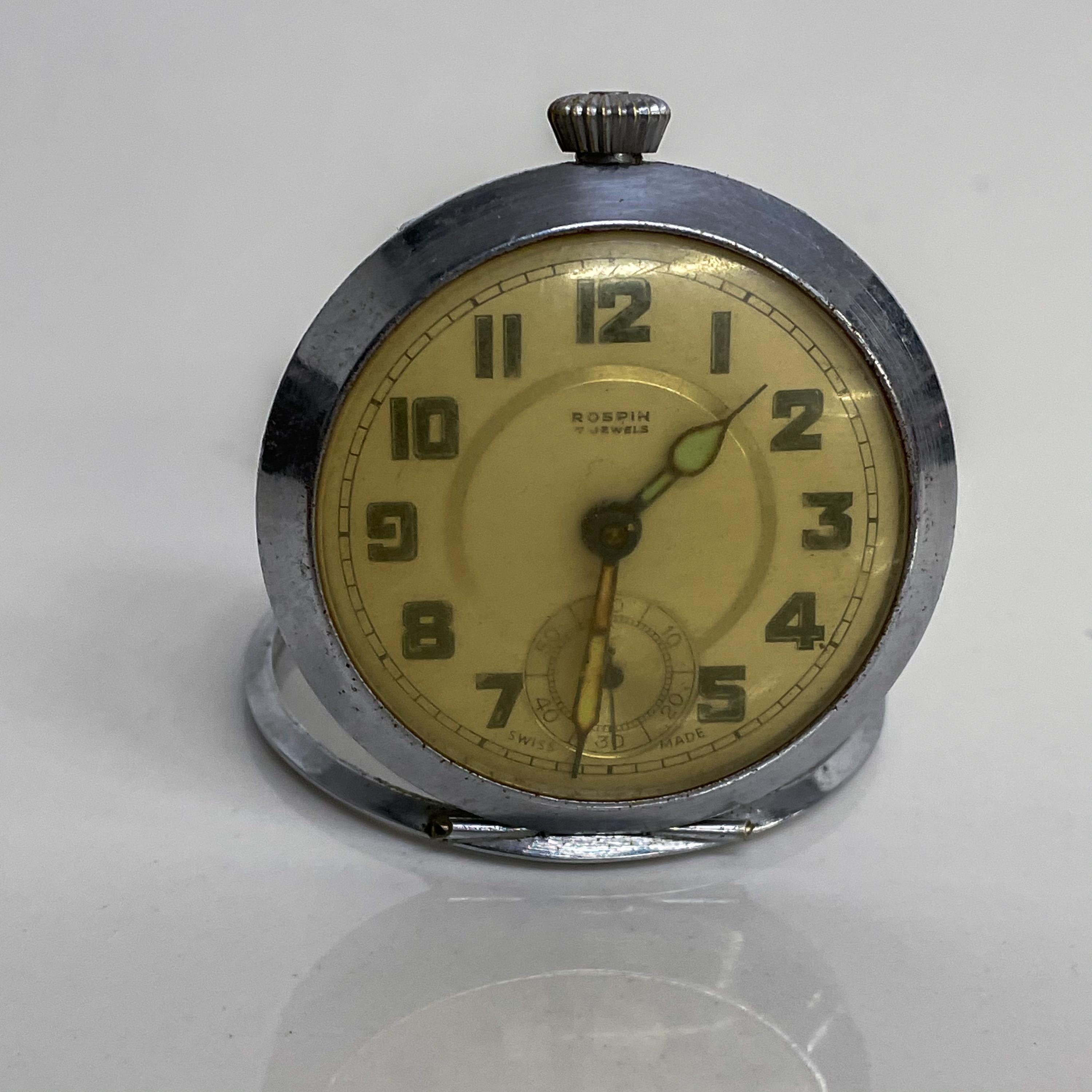 ROSPIN 7 Jewels Swiss Made Pocket Watch Antique Art Deco Travel Clock, 1920s In Fair Condition In Chula Vista, CA