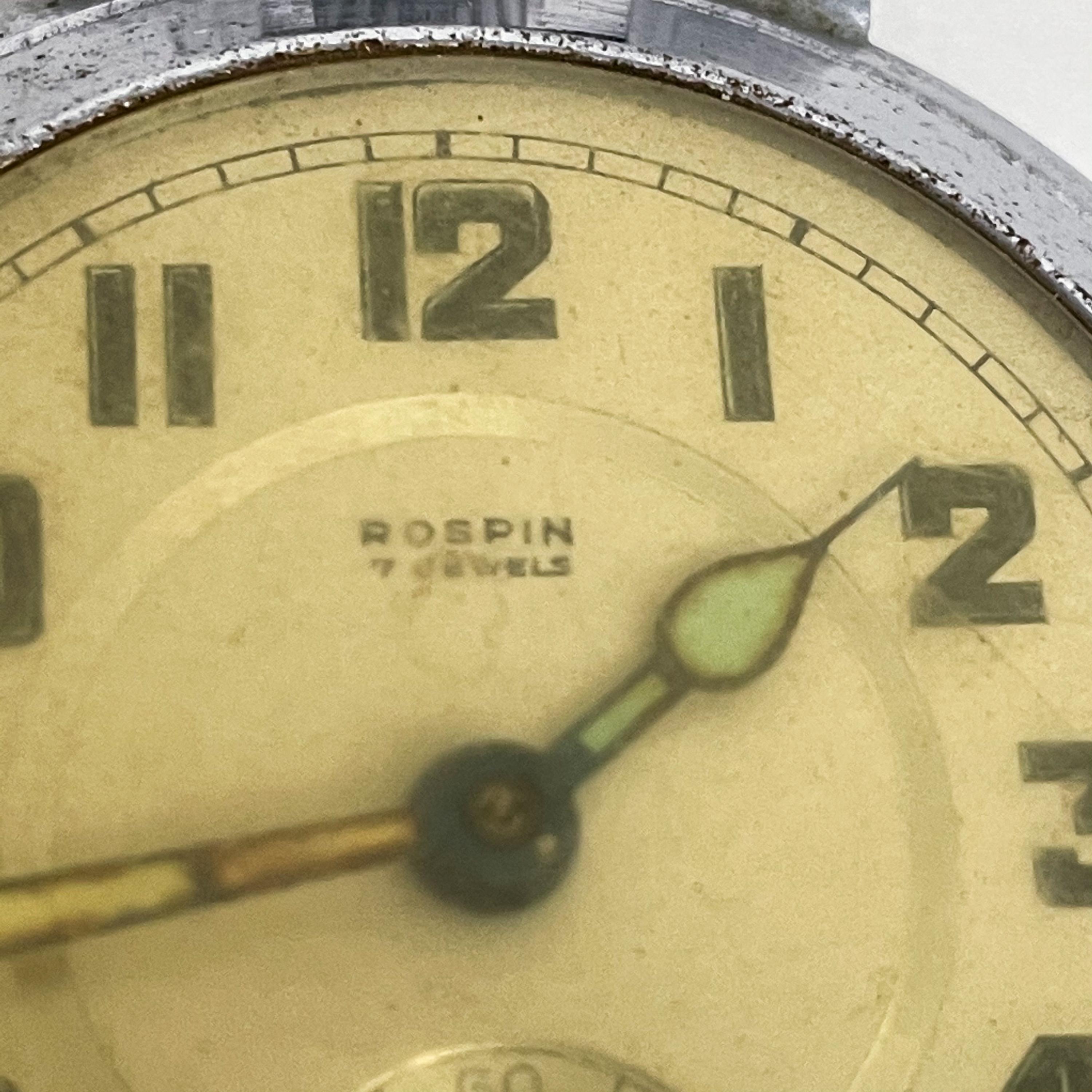 Early 20th Century ROSPIN 7 Jewels Swiss Made Pocket Watch Antique Art Deco Travel Clock, 1920s