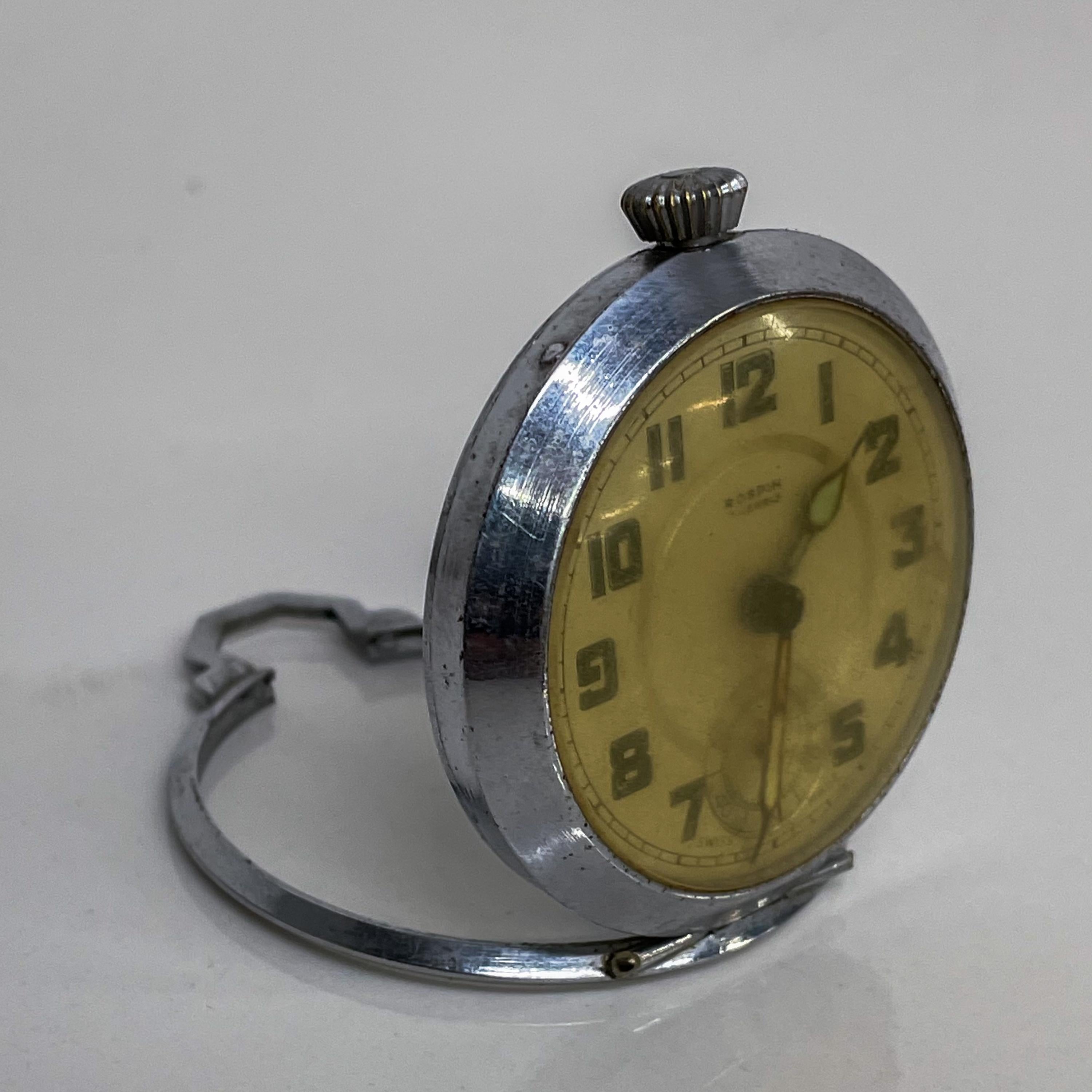 Chrome ROSPIN 7 Jewels Swiss Made Pocket Watch Antique Art Deco Travel Clock, 1920s