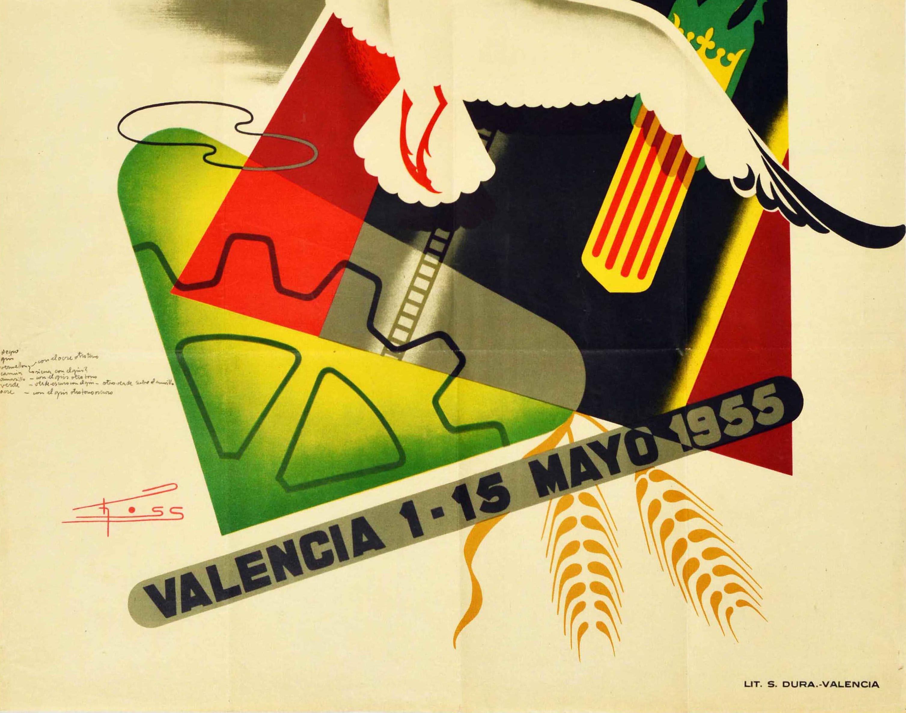 Original-Werbeplakat im Vintage-Stil für die XXXIII Feria Muestrario Internacional (Internationale Messe), die vom 1. bis 15. Mai 1955 in Valencia stattfand. Es zeigt einen eleganten Vogel, der mit ausgebreiteten Flügeln vor dem Bild eines