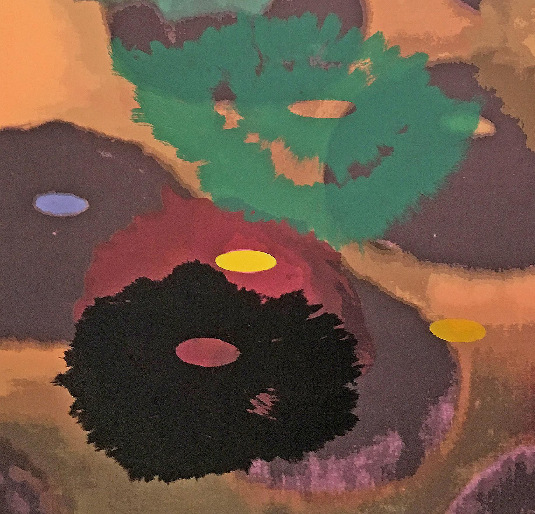 'PSII (From the Suite of 3)' 1997 by American artist, Ross Bleckner. 27-Color screen print, Ed. 48 of 75, 42 x 33 in. This screen print features a densly layered arrangement of abstracted, hazy florals in bright colors of purple, blue, green,