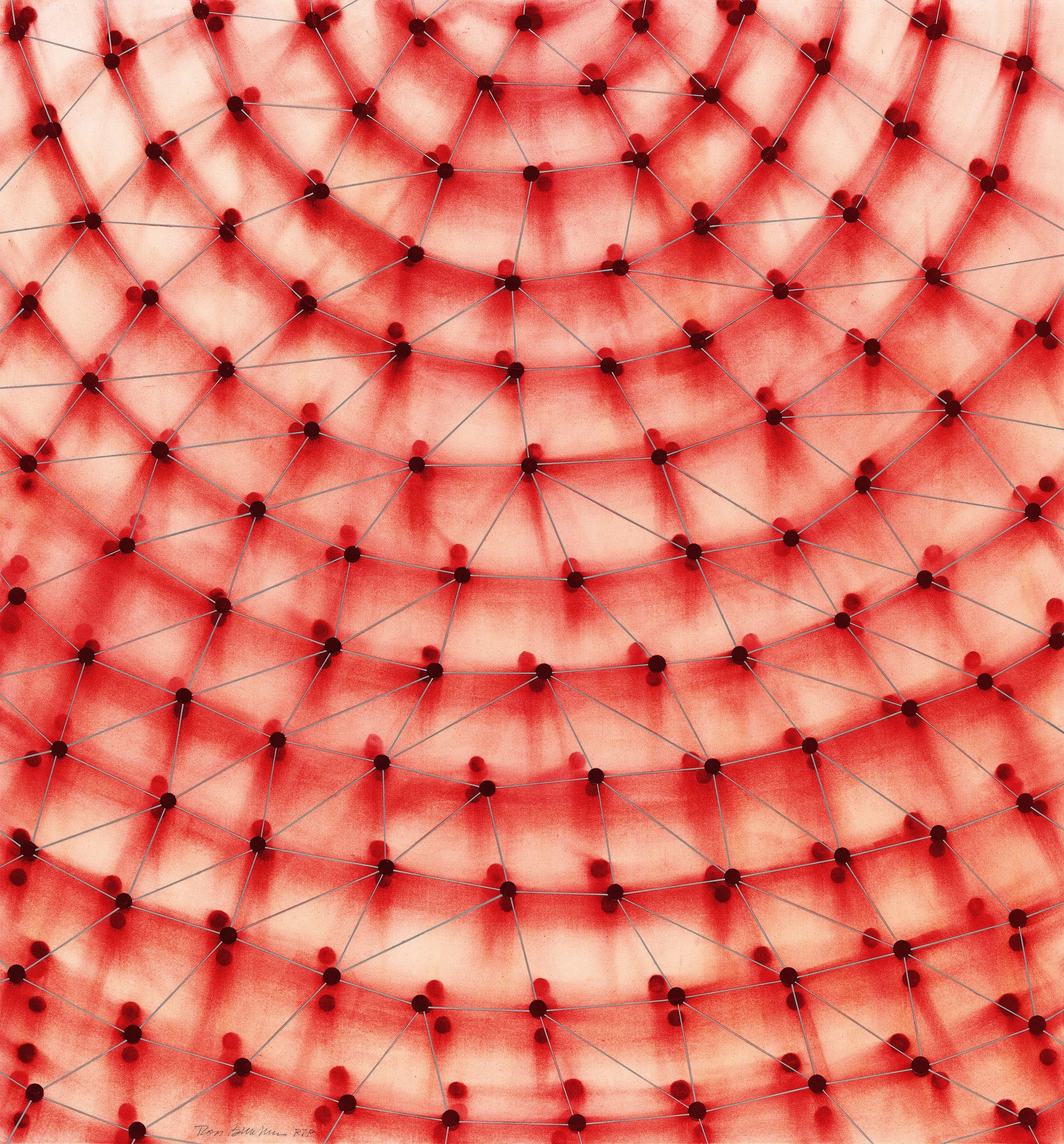 This work by Ross Bleckner, titled "Dome (Red)," is an archival pigment print from 2017. Bleckner's structural and architectural rendering of a reoccurring motif in his body of work shines loudly in this red hued print. His interest in domes, their
