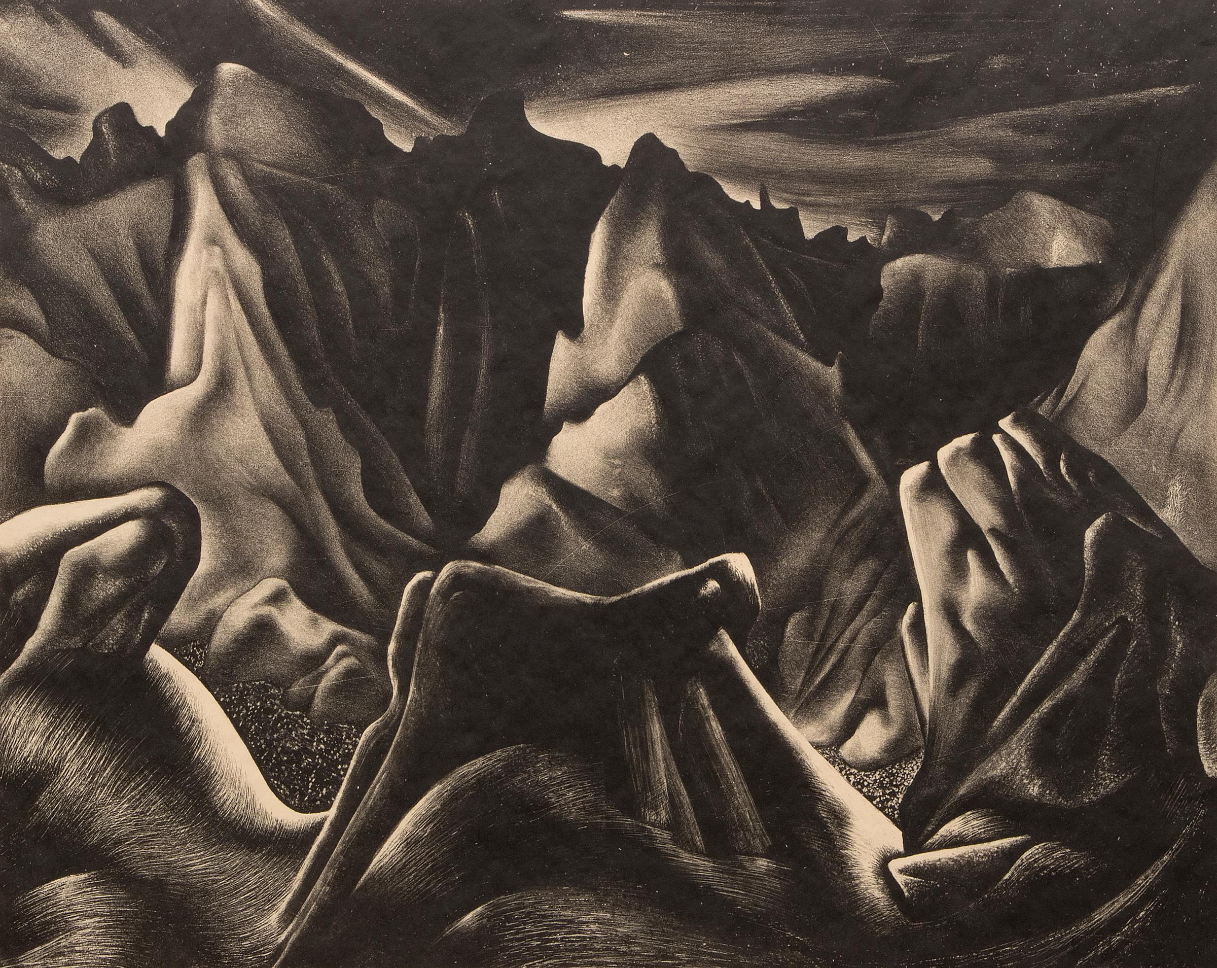 Bad Lands Nocturne – Süddakota-Landschaft:: modernistische schwarz-weiße Lithographie (Amerikanische Moderne), Art, von Ross Braught