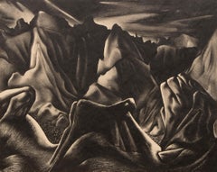 Bad Lands Nocturne- South Dakota Landscape, Modernist Black and White Lithograph