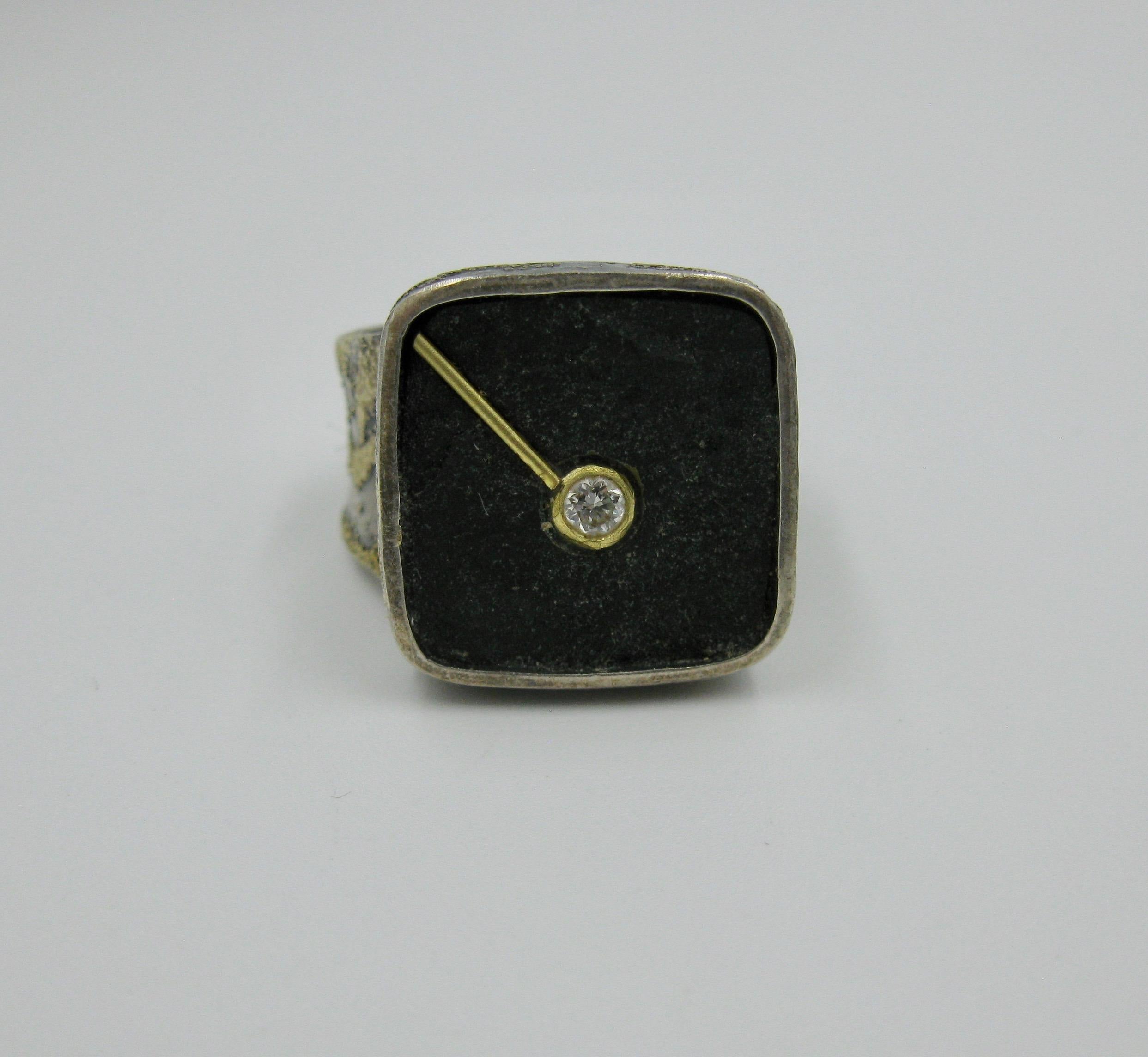 Women's or Men's Ross Coppelman Ring Sterling Silver Diamond 22 Karat Gold Modern Retro Eames Era For Sale