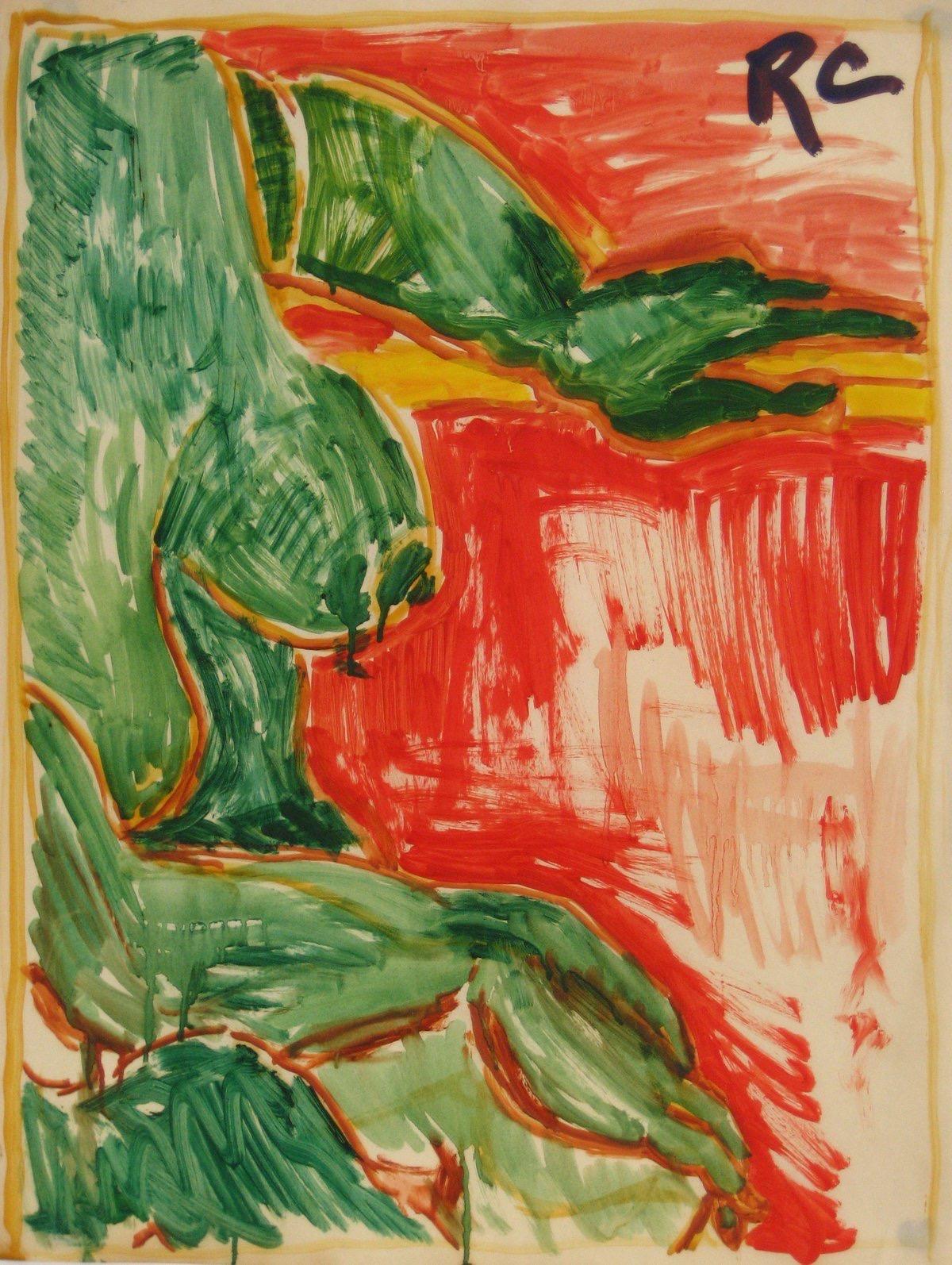 Ross Curtis Nude Painting - Abstracted Figure Study in Red & Green Mid Century Oil