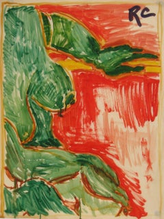 Abstracted Figure Study in Red & Green Mid Century Oil