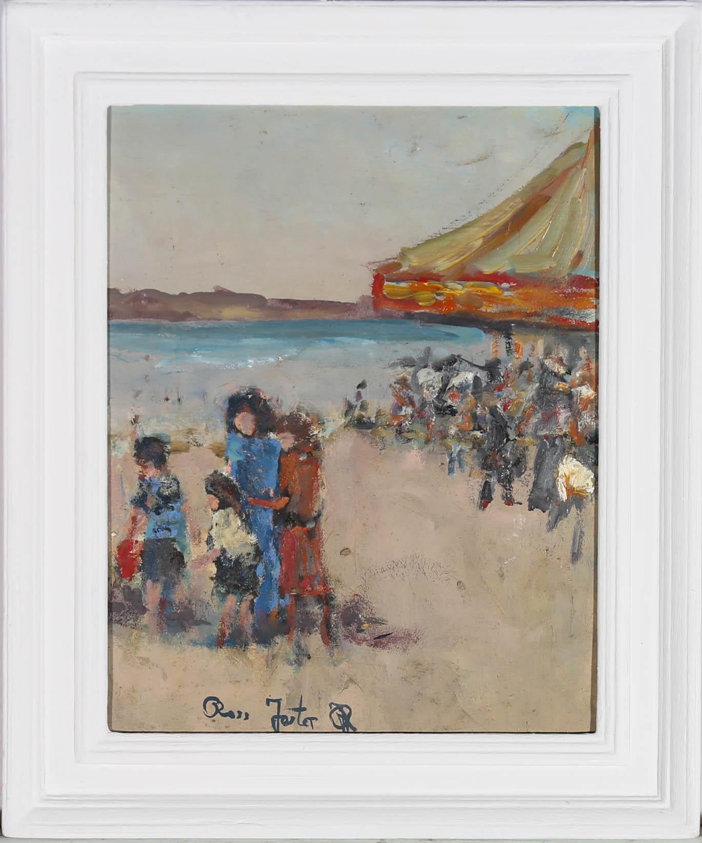 In this colourful impressionistic scene by artist Ross Foster, the fun fair has come to the beach, with traditional carousel visible in the background. The painting is signed to the lower left. Well presented in a white wooden frame. On board.
