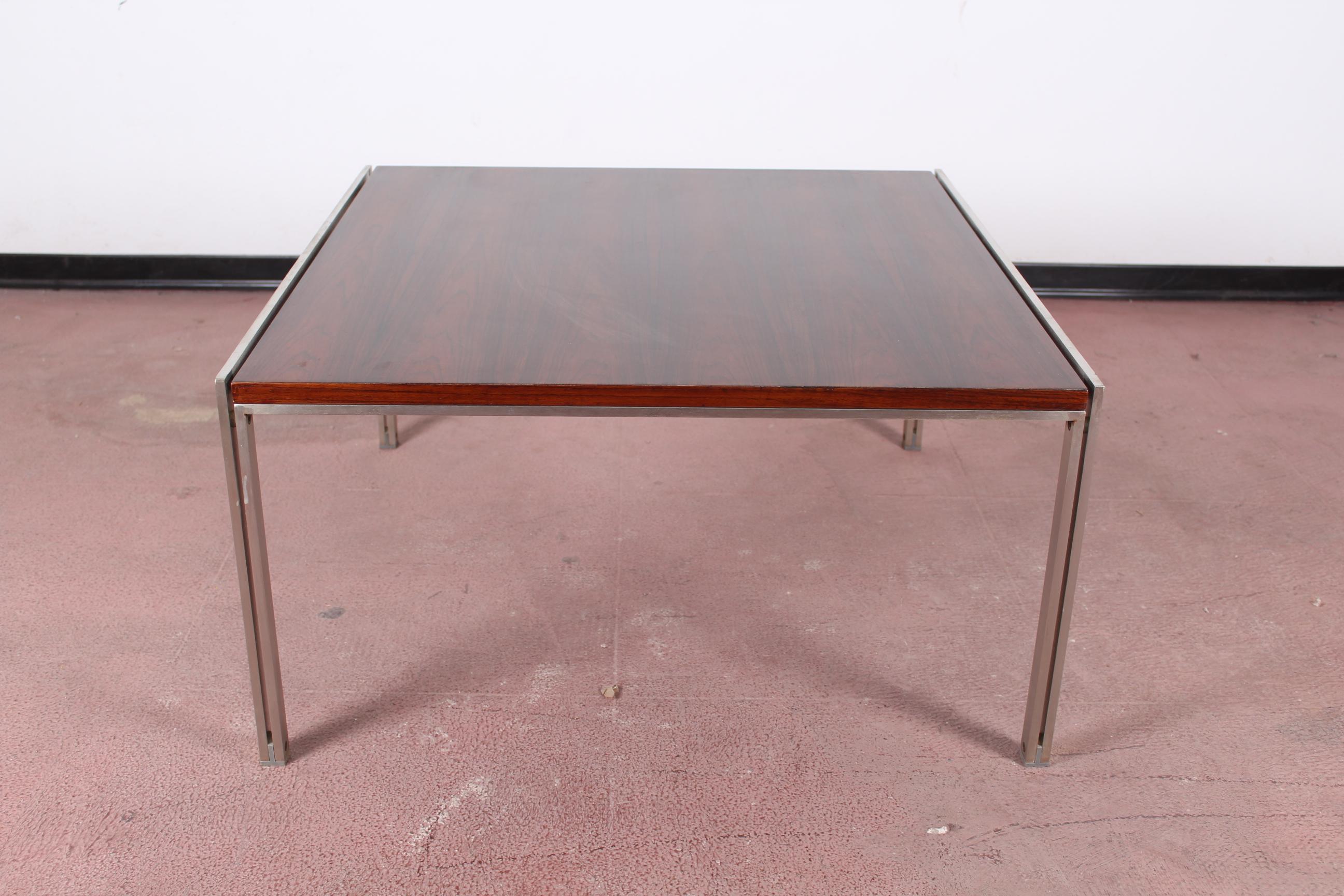 Mid-Century Modern Ross Littel for ICF Padova Brown Wood Chromed Metal Square Coffee Table, 1970s