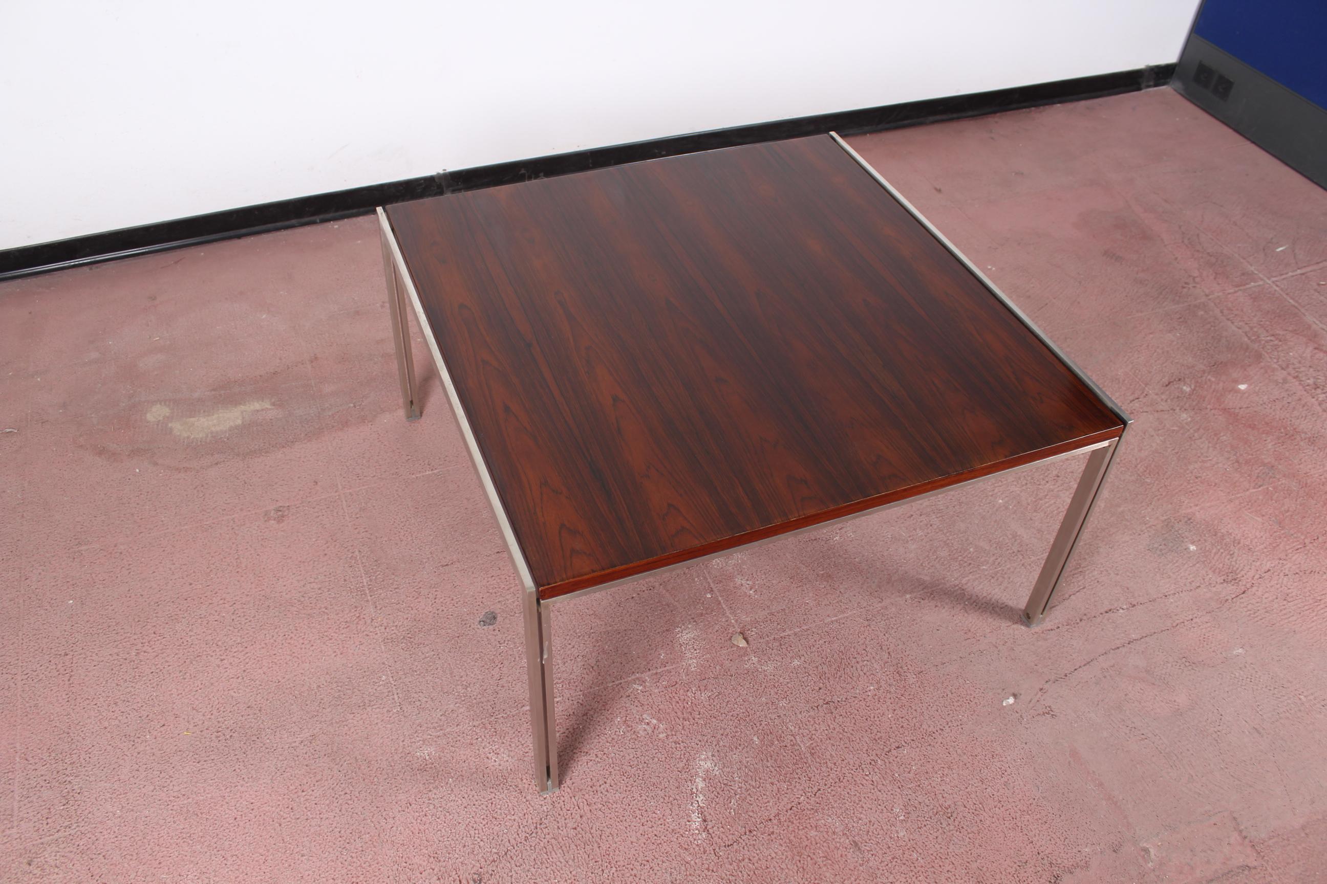 Italian Ross Littel for ICF Padova Brown Wood Chromed Metal Square Coffee Table, 1970s