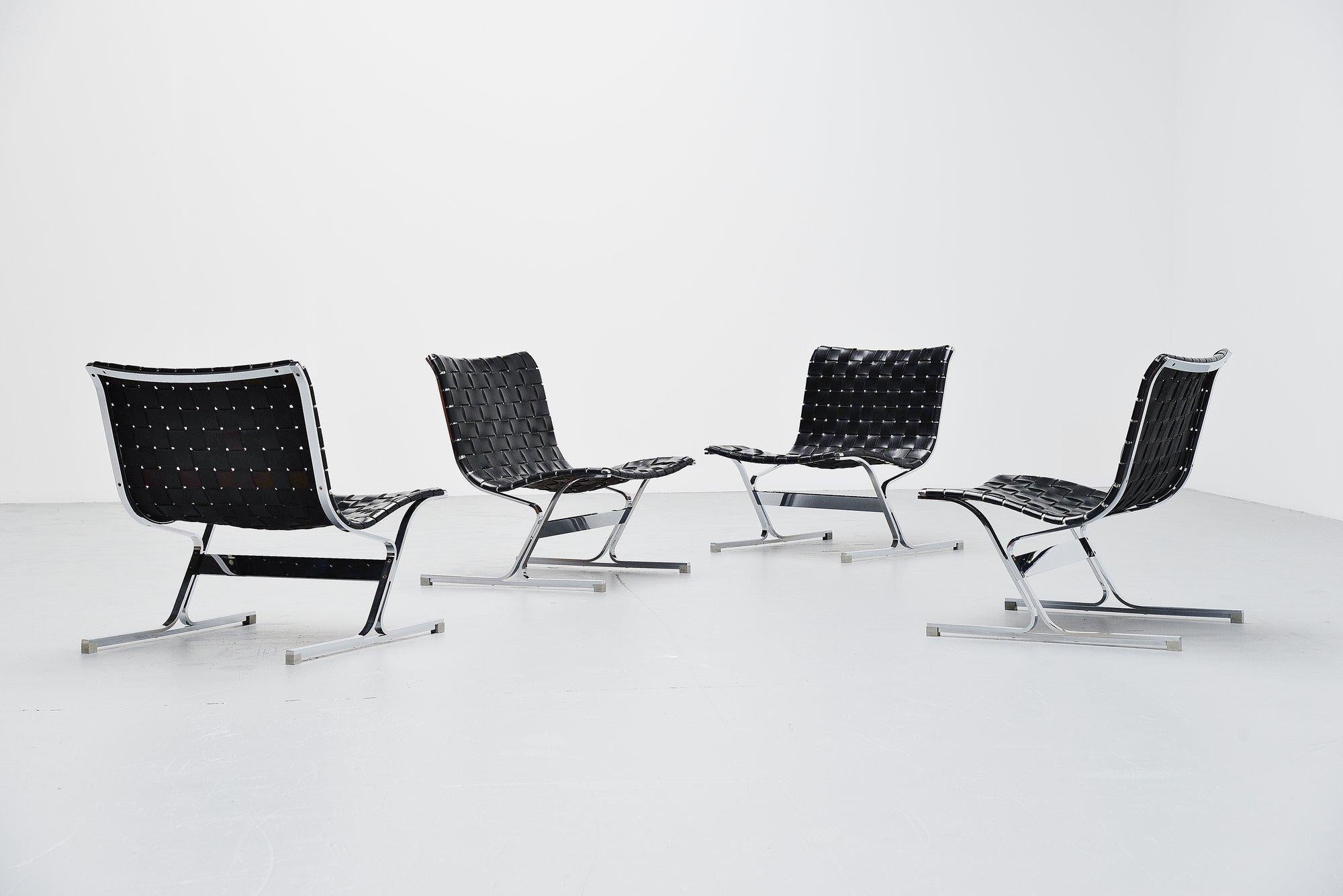 Very nice pair of Luar lounge chairs designed by Ross Littel and manufactured by ICF de Padova, Italy 1965. These amazing lounge chairs are made of chrome plated solid metal frames with black leather straps that are still original and have a nice