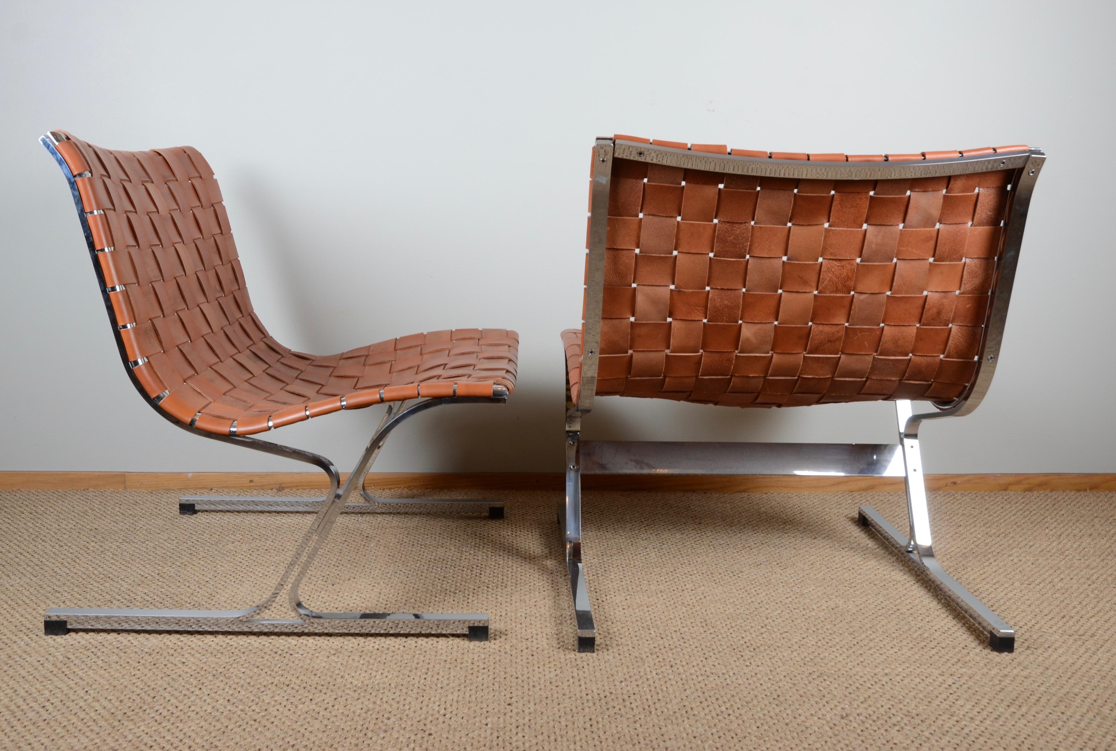 A pair of chairs, model PLR 1 in cognac leather and steel. Designed by Ross Littell for ICF Italy, 1960s.