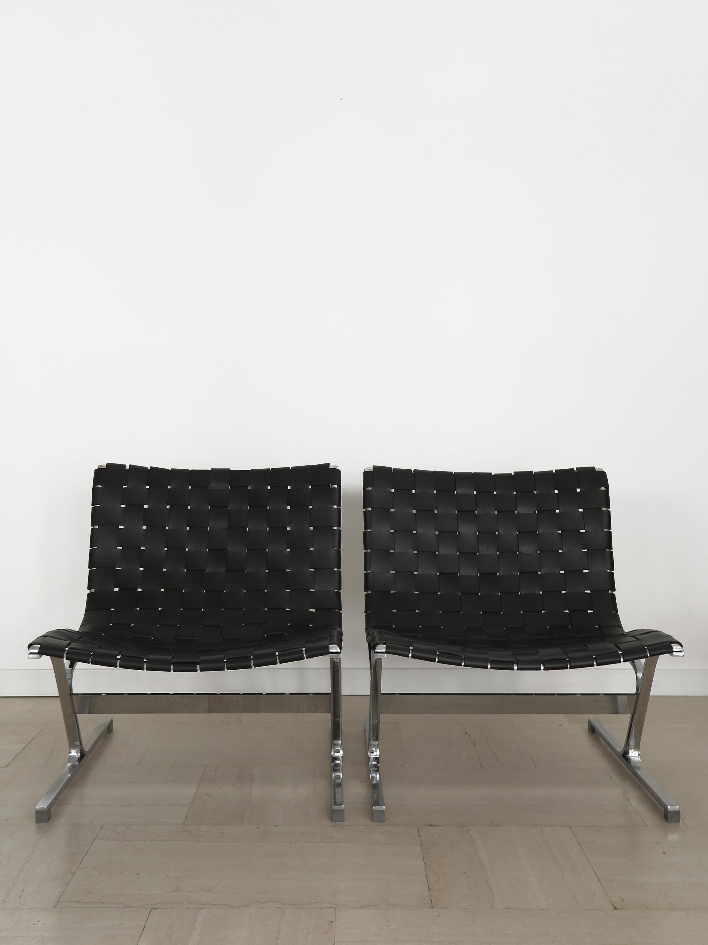 Mid-Century Modern Ross Littell for ICF Italian Midcentury Metal Leather Armchairs model LUAR 1965 For Sale
