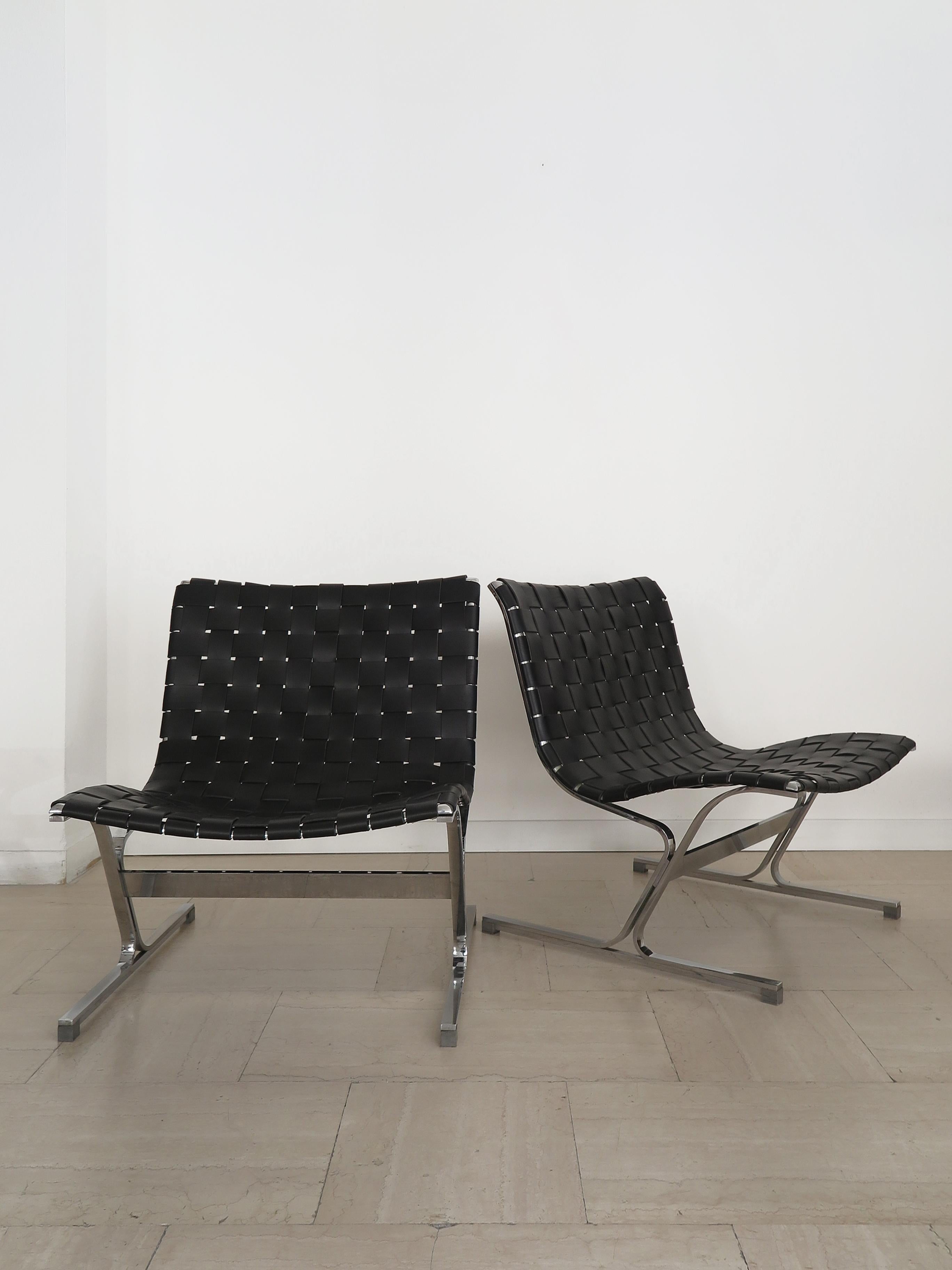 Ross Littell for ICF Italian Midcentury Metal Leather Armchairs model LUAR 1965 In Good Condition For Sale In Reggio Emilia, IT