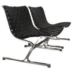Ross Littell para ICF Sillones italianos de cuero metálico de mediados de siglo modelo LUAR 1965