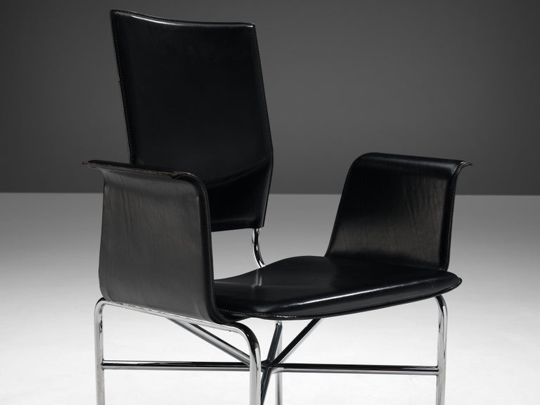 Mid-Century Modern Ross Littell for Matteo Grassi Armchair in Black Leather and Steel For Sale