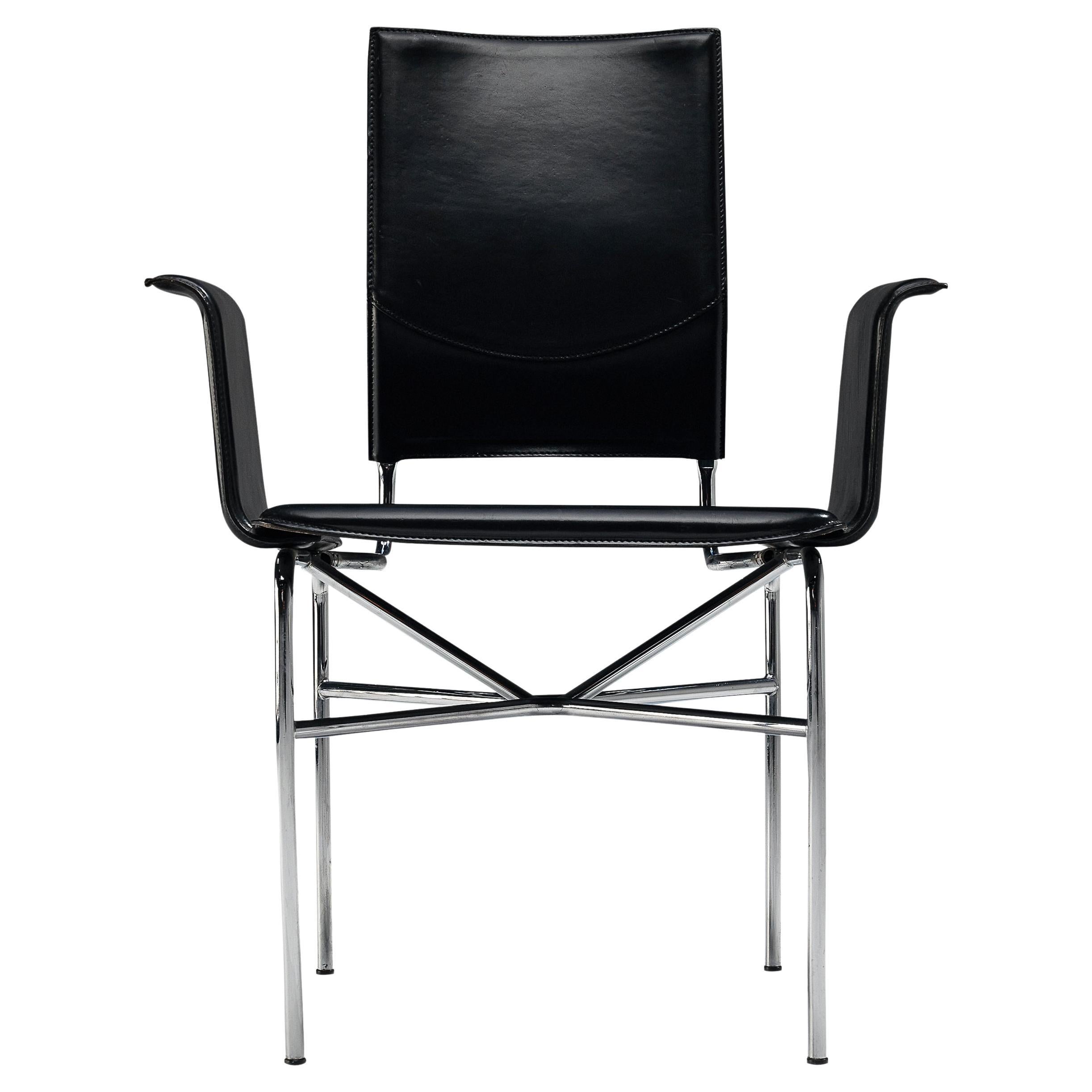 Ross Littell for Matteo Grassi Armchair in Black Leather and Steel