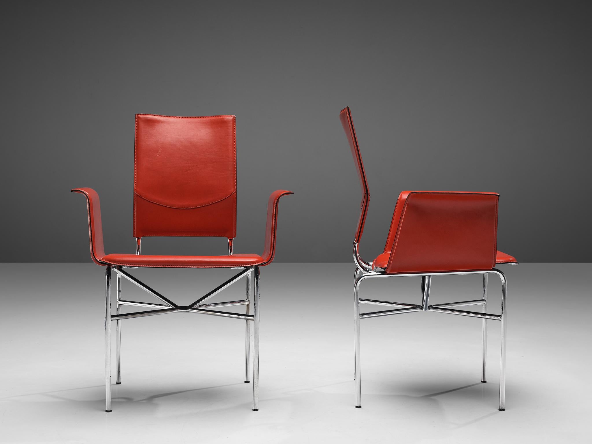 Ross Littell for Matteo Grassi Armchairs in Red Leather and Steel For Sale 2