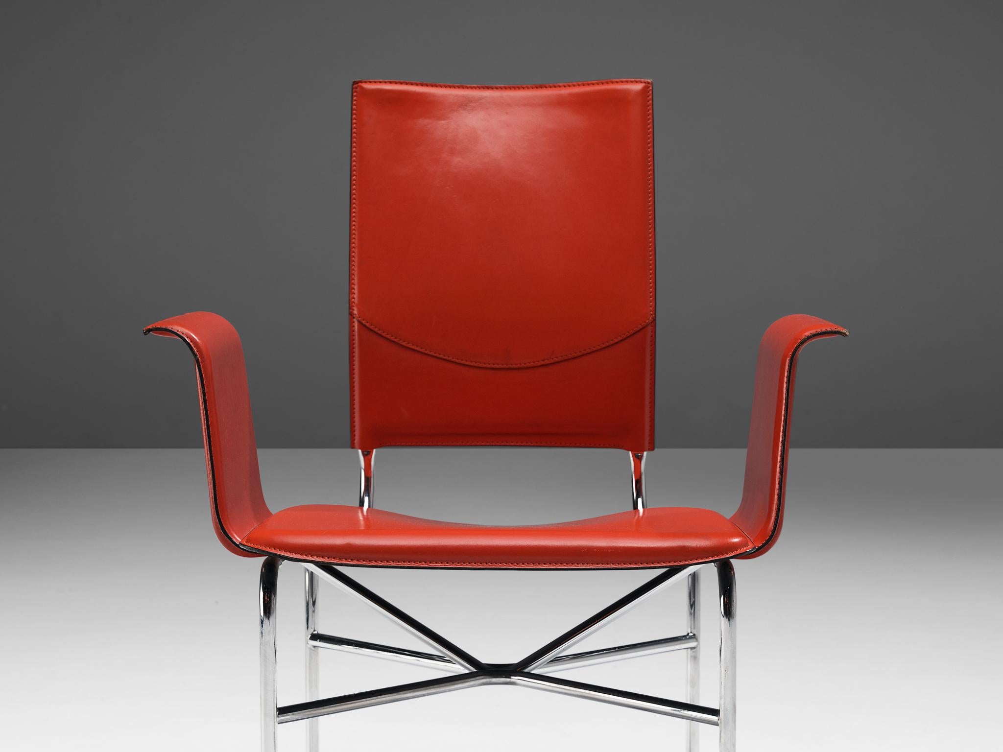 Italian Ross Littell for Matteo Grassi Armchairs in Red Leather and Steel For Sale