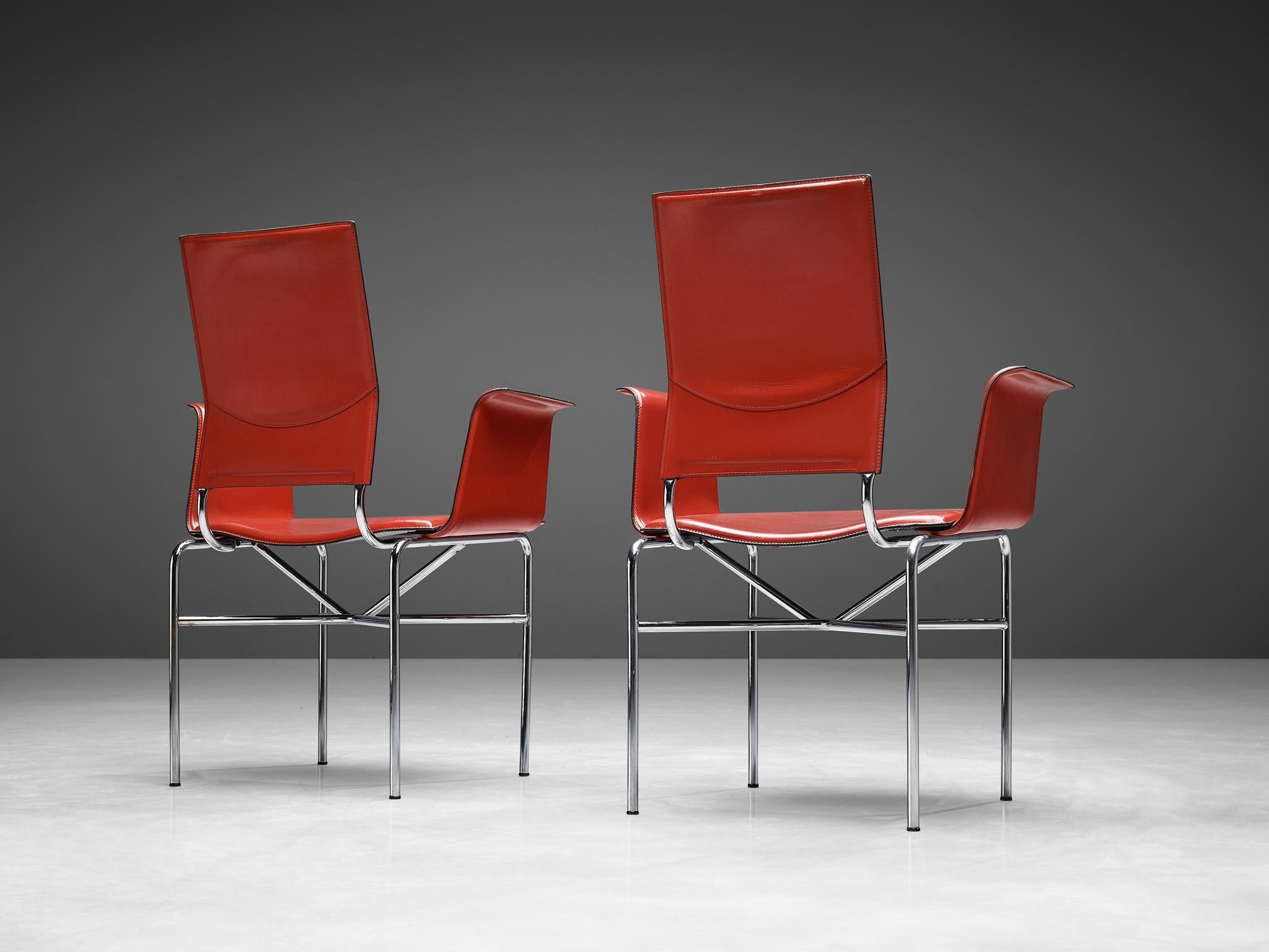 Ross Littell for Matteo Grassi Armchairs in Red Leather and Steel In Good Condition For Sale In Waalwijk, NL