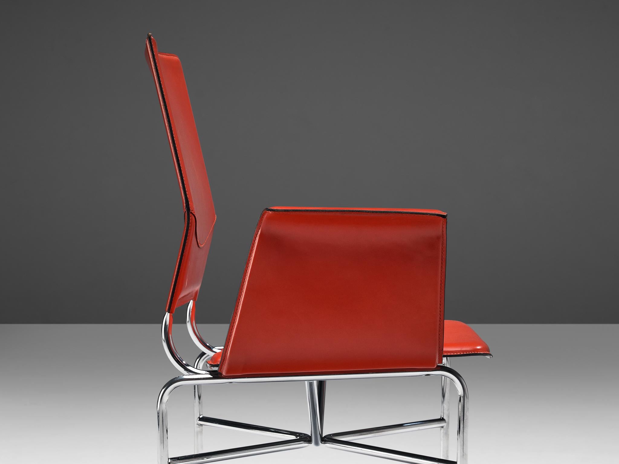 Late 20th Century Ross Littell for Matteo Grassi Armchairs in Red Leather and Steel For Sale