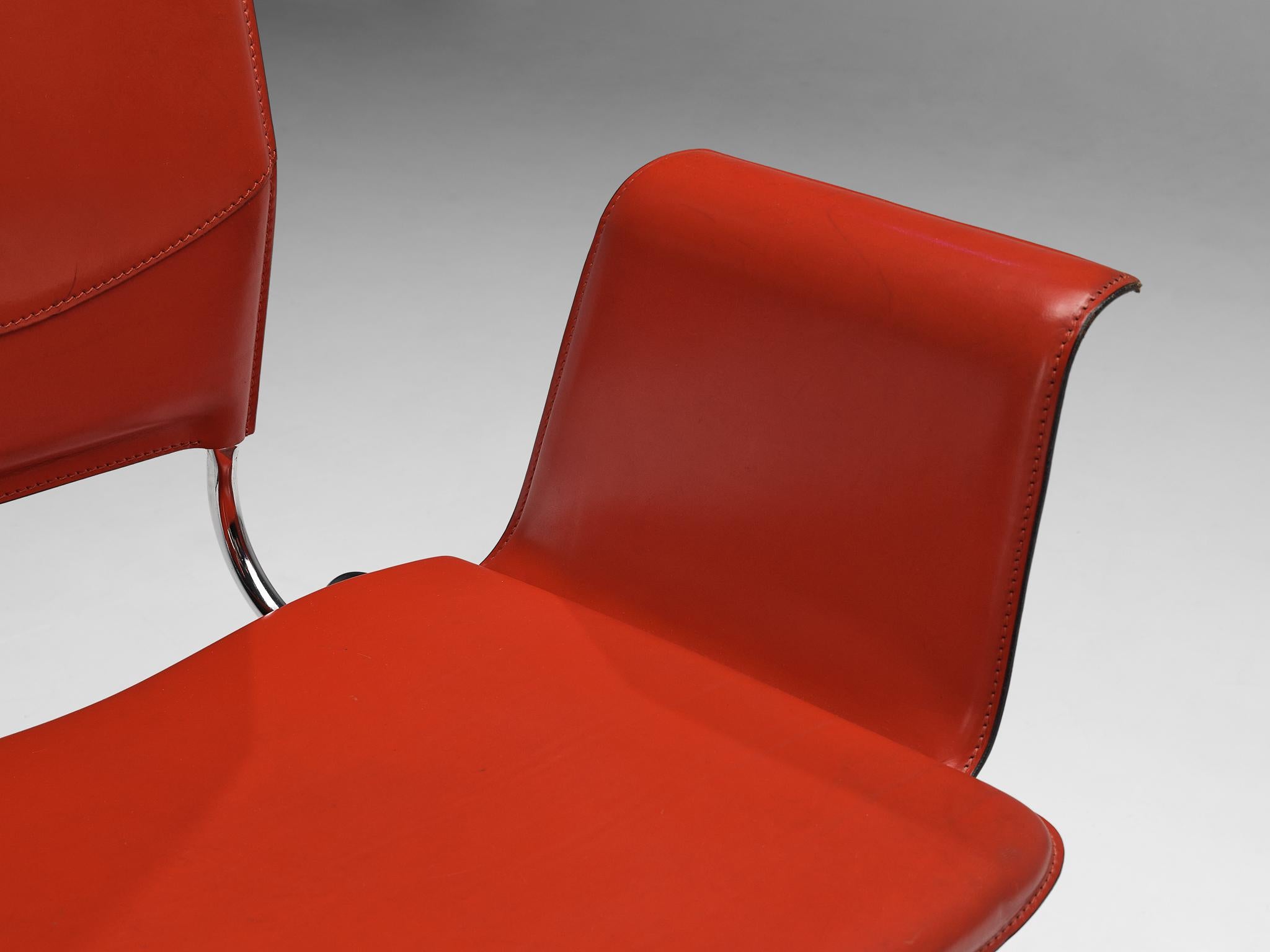 Ross Littell for Matteo Grassi Armchairs in Red Leather and Steel For Sale 2