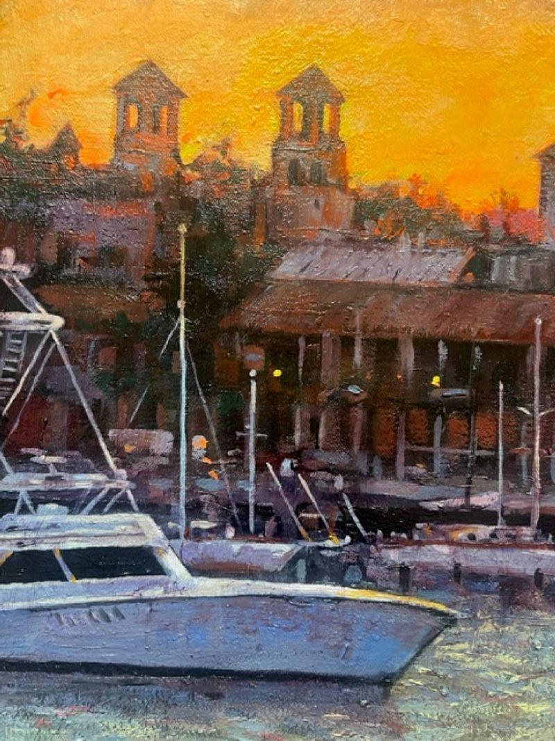 St. Augustine Skyline Sunset, Impressionist Oil Painting - Black Landscape Painting by Ross Myers 