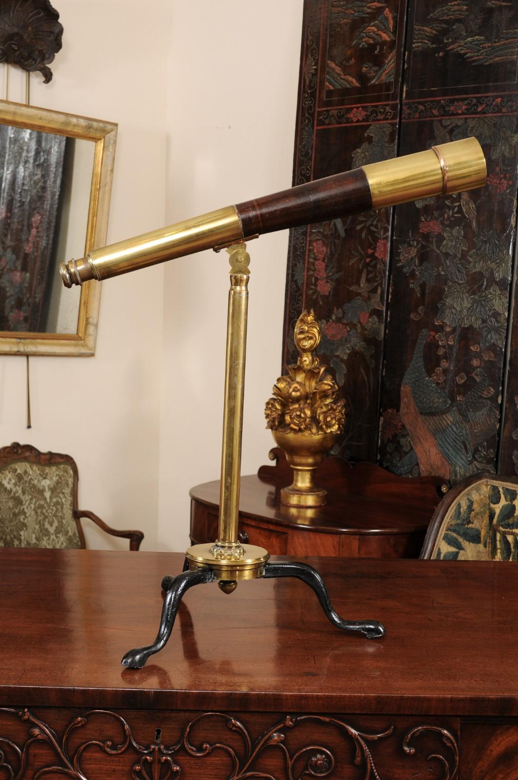 Ross of London Brass & Leather Telescope on Tripod Stand, Early 20th Century 3